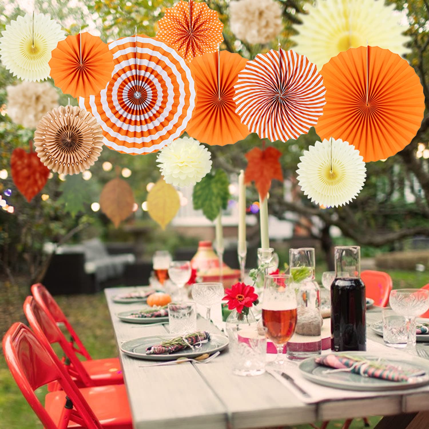 Easy Joy 14 Pcs Fall Party Decorations, Orange Hanging Paper Fans Autumn Paper Pompoms Paper Lanterns Maple Leaves Bunting Garla