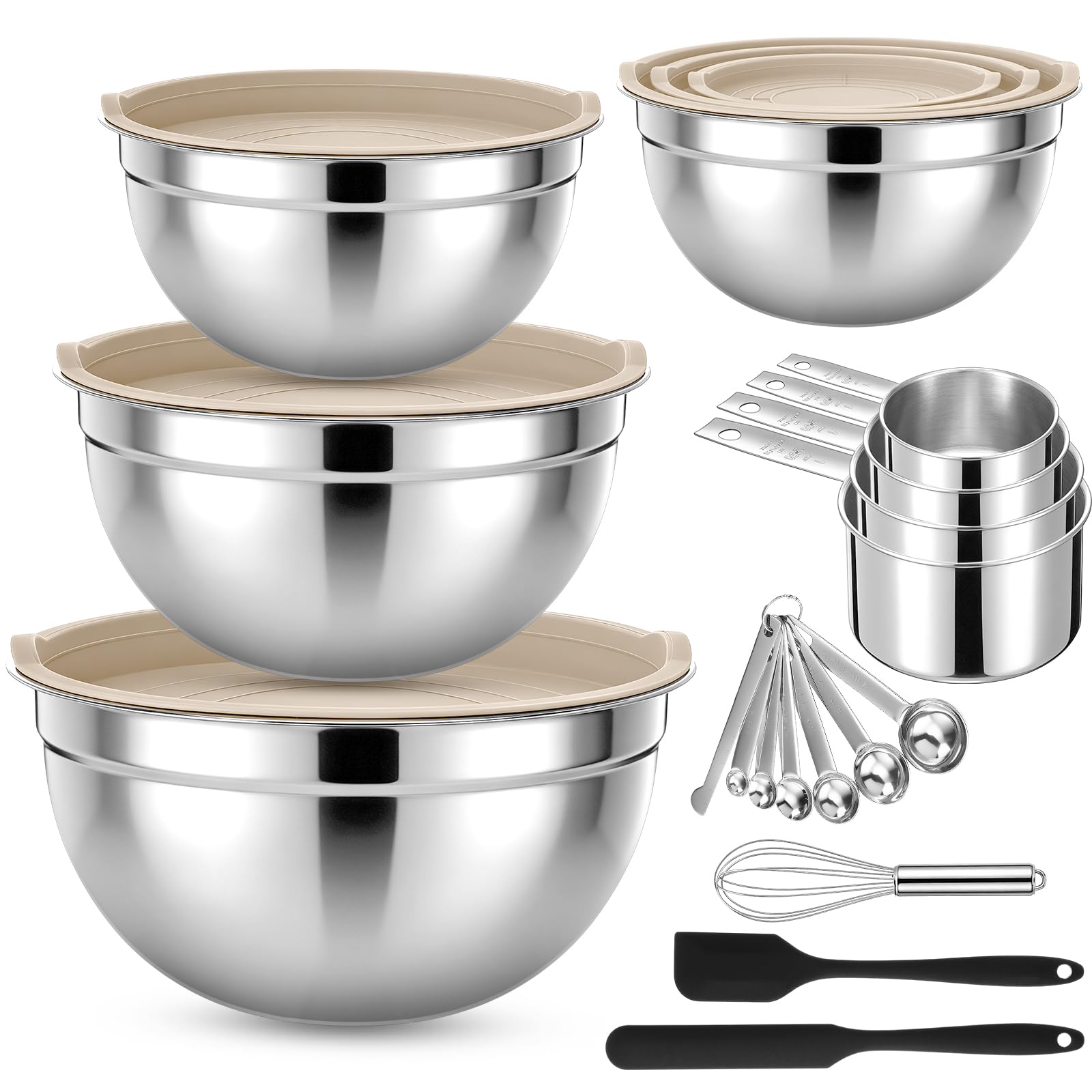 Yiyiring 18 Pack Stainless Steel Mixing Bowls with Lids Set Includes Stainless Steel Measuring Cups and Spoons Wire Balloon Whis