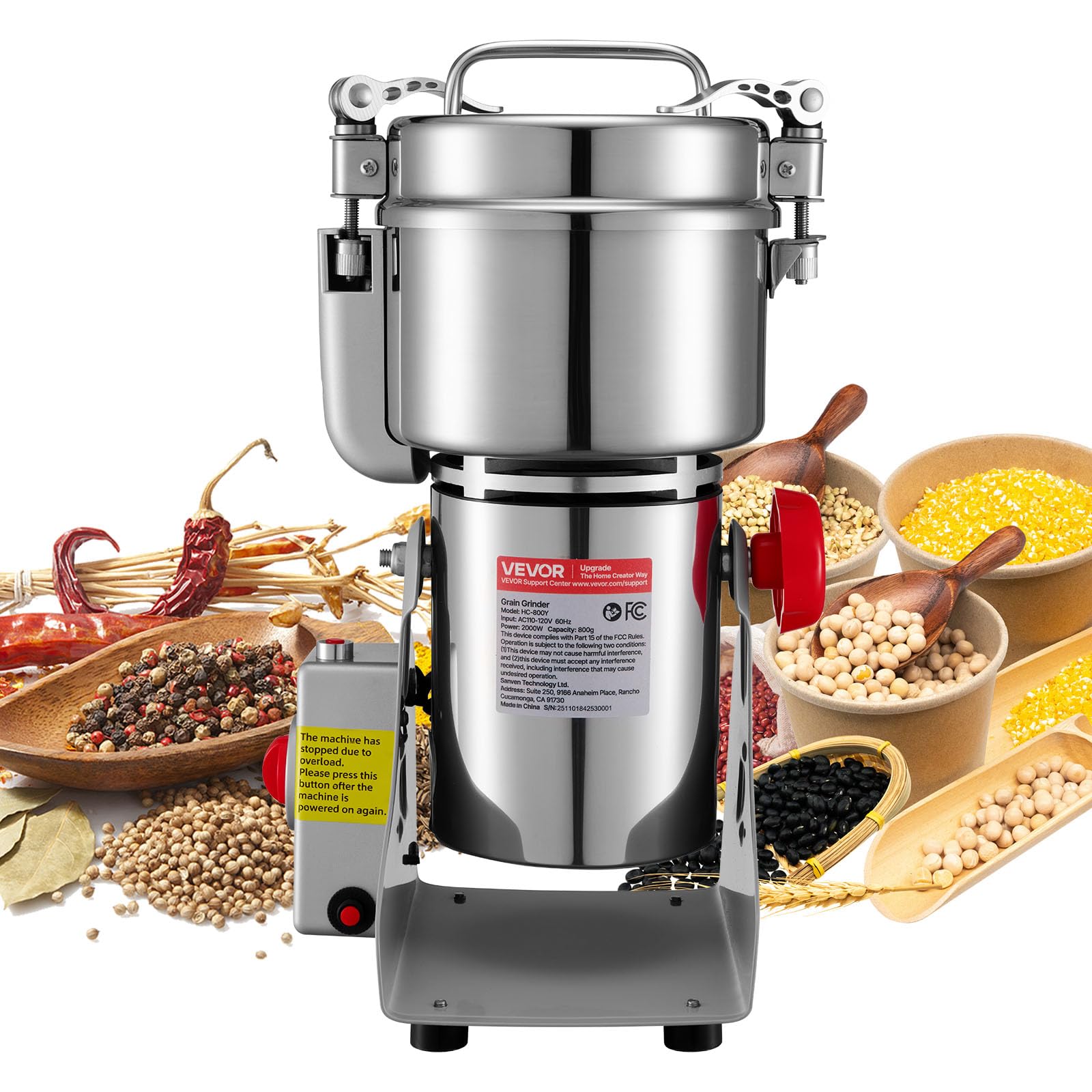 VEVOR Electric Grain Mill Grinder, 1.8 lbs Commercial Spice Grinders, High Speed 2100W Stainless Steel Pulverizer Powder Machine