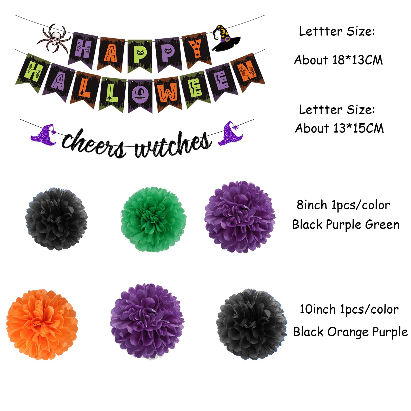 Black-Orange Green-Purple Halloween Party-Decorations - 8Pc Kit Happy Halloween Banner, Tissue Flower Paper Pom Poms Streamers,C