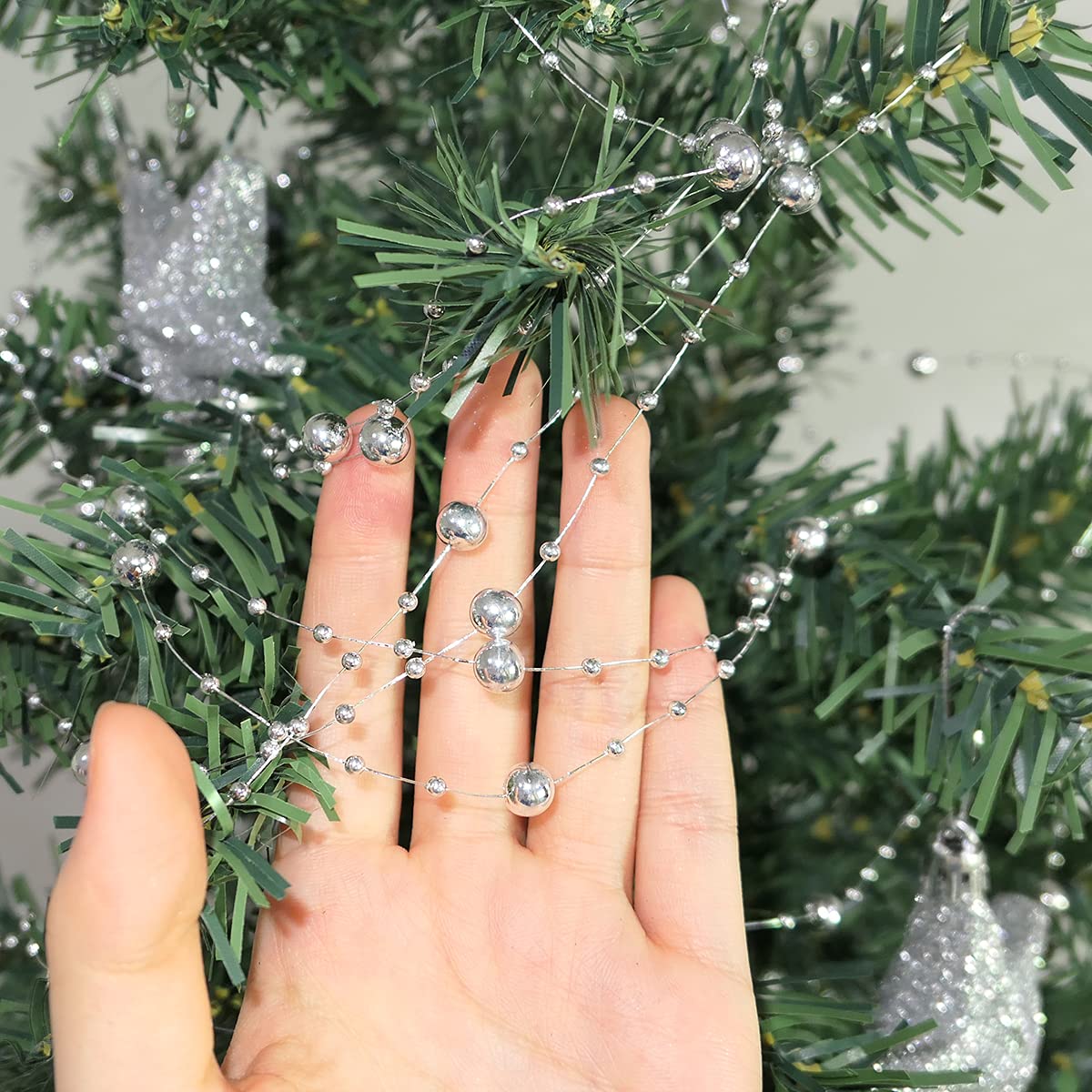 HADDIY Christmas Tree Beads Garland Decoration,66 Feet Silvery Pearl Strands Chain for Christmas Tree Decor,Crafts and Holiday D