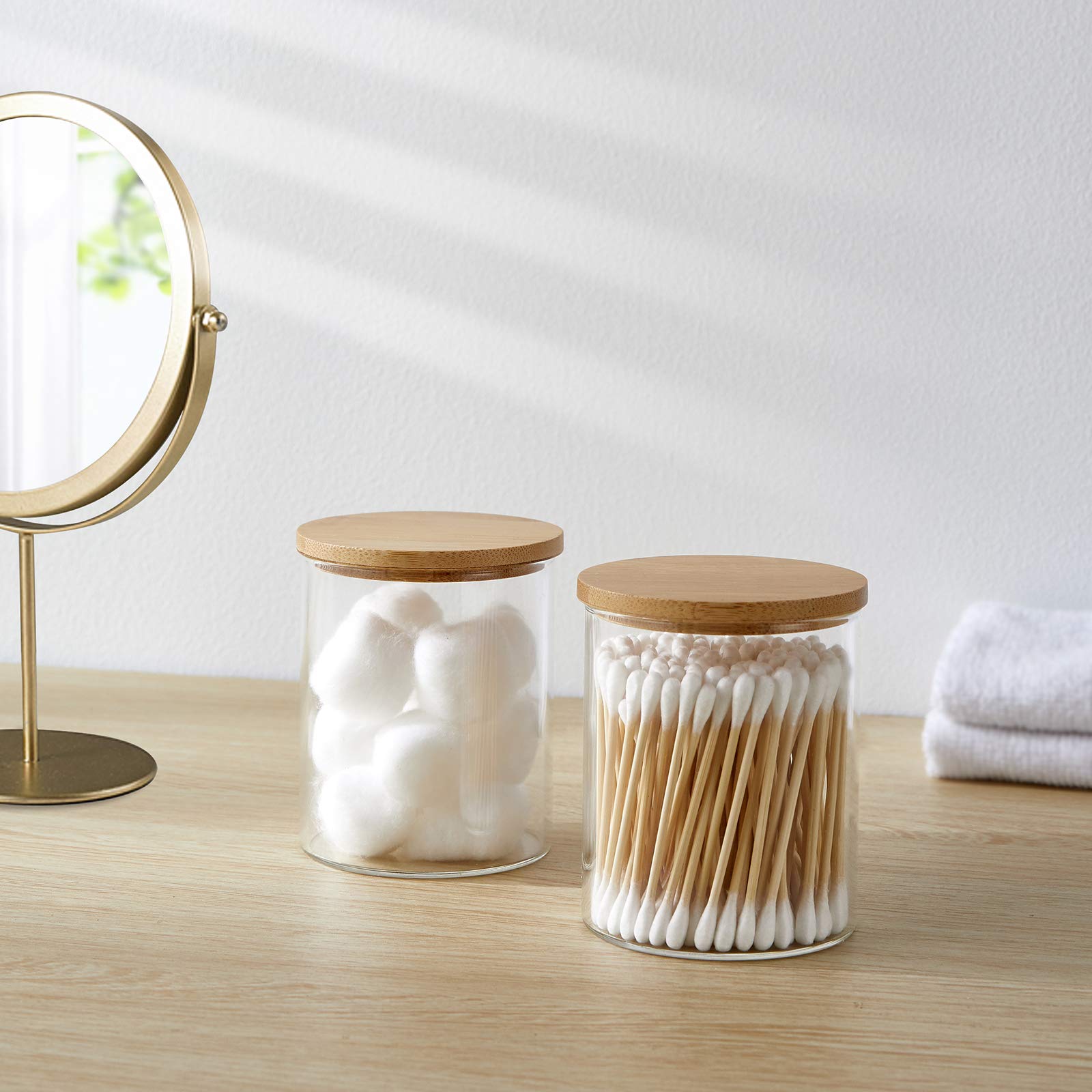 Iniunik 4 Pack Glass Qtip Holder Dispenser Glass Apothecary Jars With Lids Cotton Ball Swab Pad Holder Bathroom Essential Canist