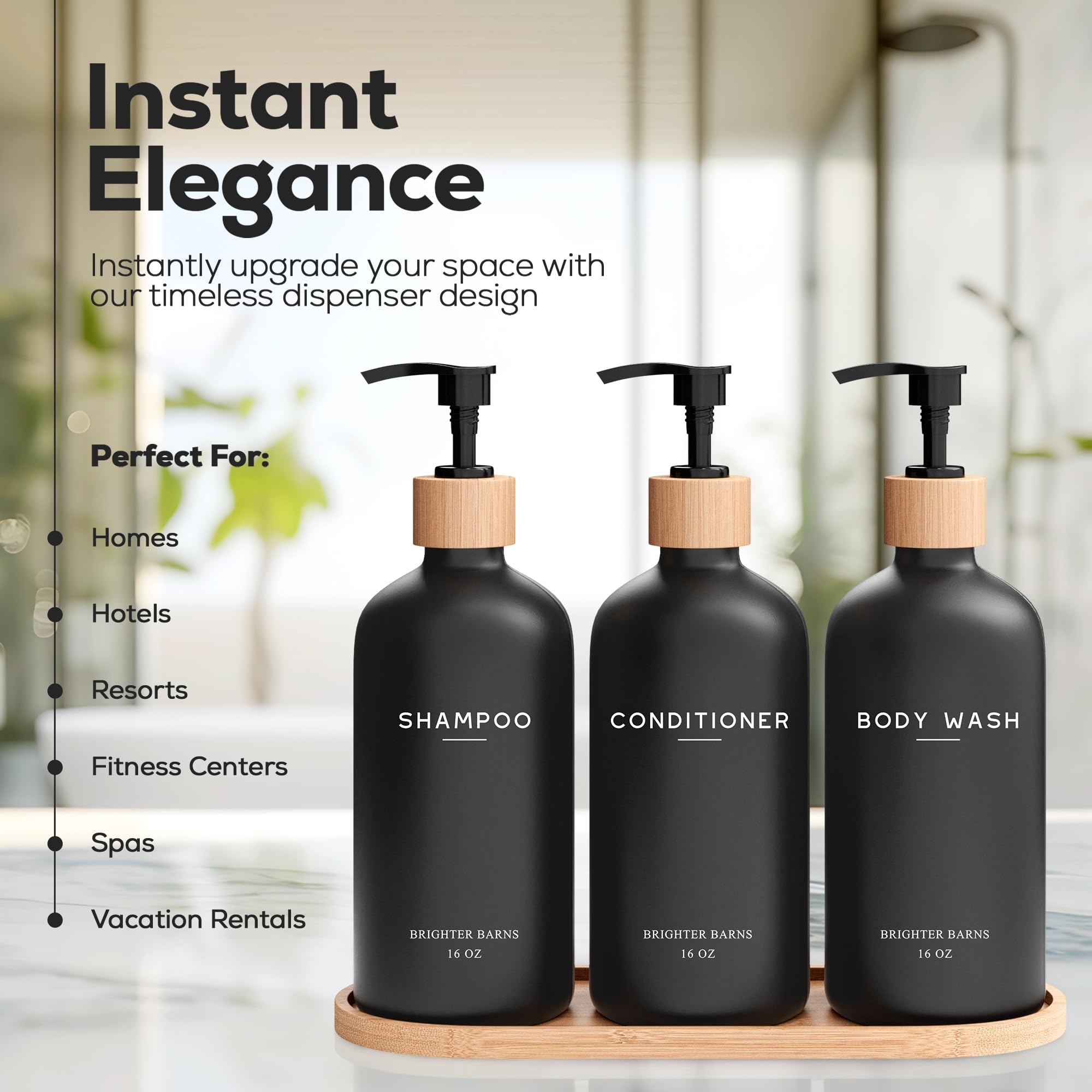 Black Shampoo And Conditioner Dispenser Set By Brighter Barns - Body Wash, Shampoo Dispenser For Shower With Pump - Refillable P