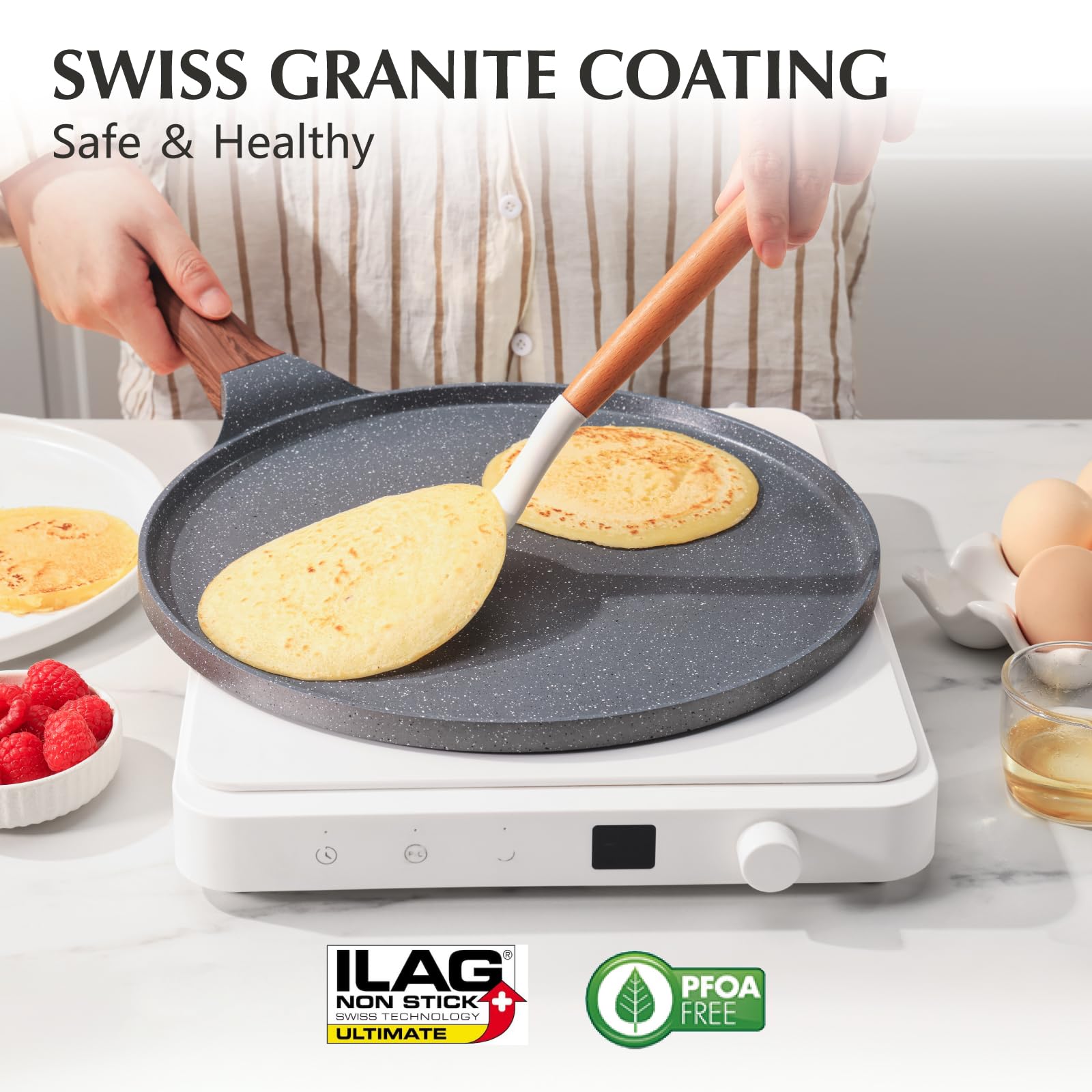 Sensarte Nonstick Crepe Pan, Swiss Granite Coating Dosa Pan Pancake Flat Skillet Tawa Griddle 12-Inch With Stay-Cool Handle, Ind