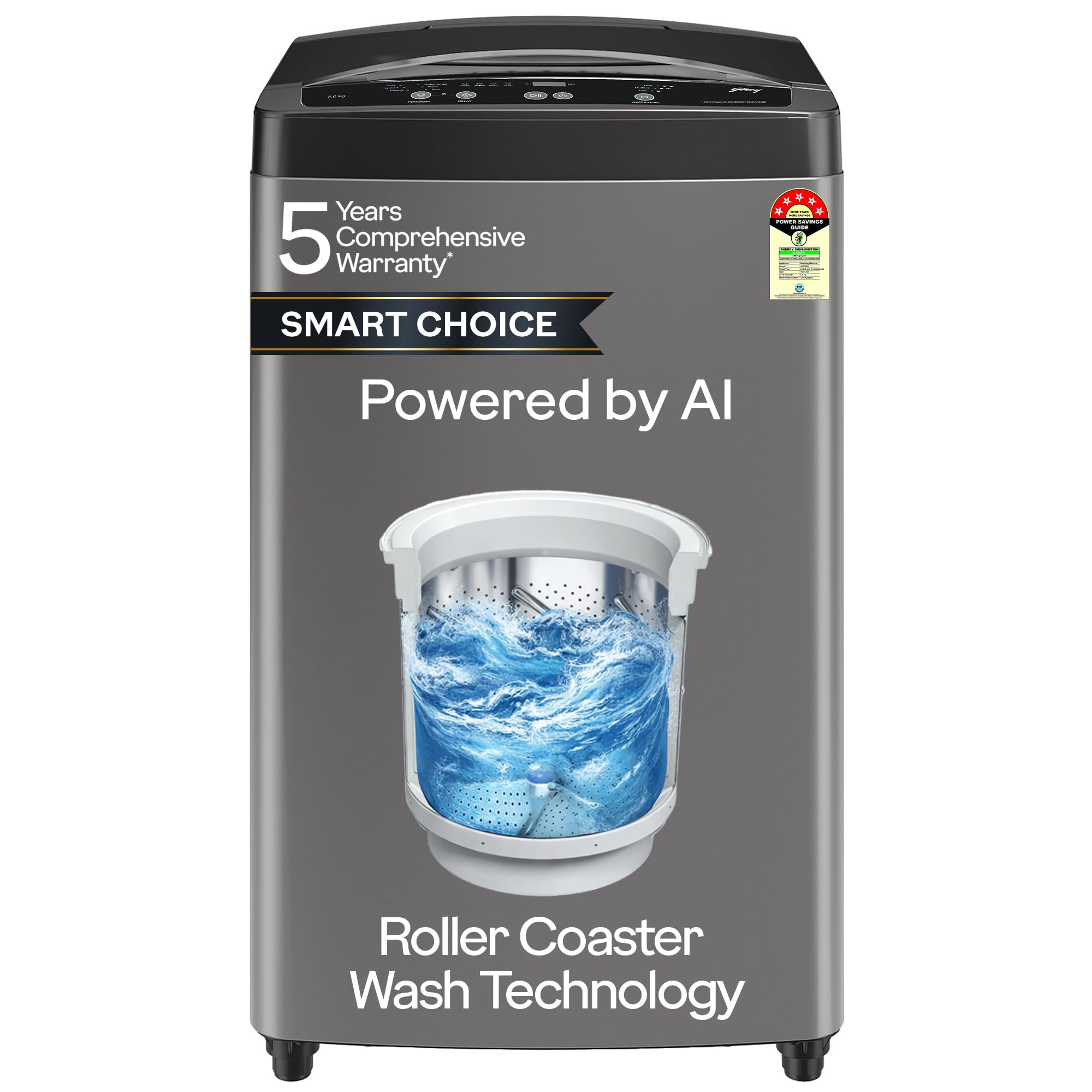 Godrej Smart Choice 7 Kg 5 Star, Ai Tech, Fabrisafe Steel Drum, Magic Lint Filter, Fills Tub At ~0 Water Pressure, FullyAutomat