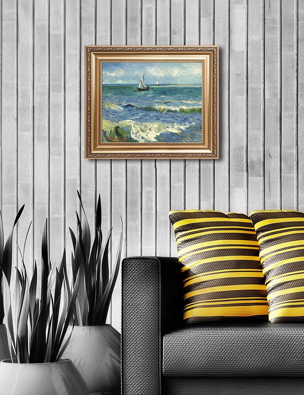Decorarts - The Sea At Les Saintes-Maries-De-La-Mer, Vincent Van Gogh Art Reproduction. Giclee Prints Match With Golden Framed F