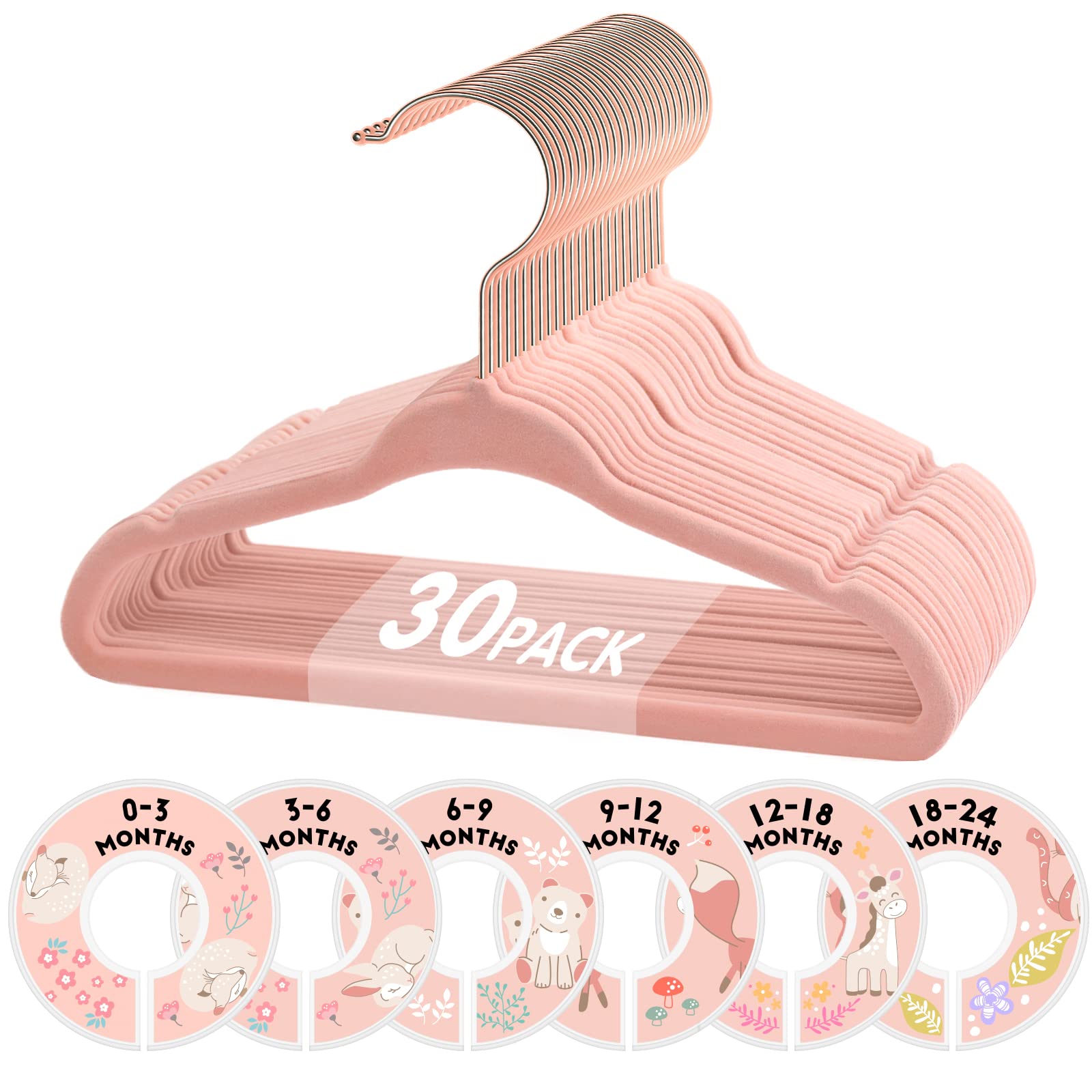 Baby Hangers, Vis'V 11 Inch Pink Velvet Kids Hangers With 6 Pcs Size Dividers Non Slip Nursery Children Closet Clothes Hangers F