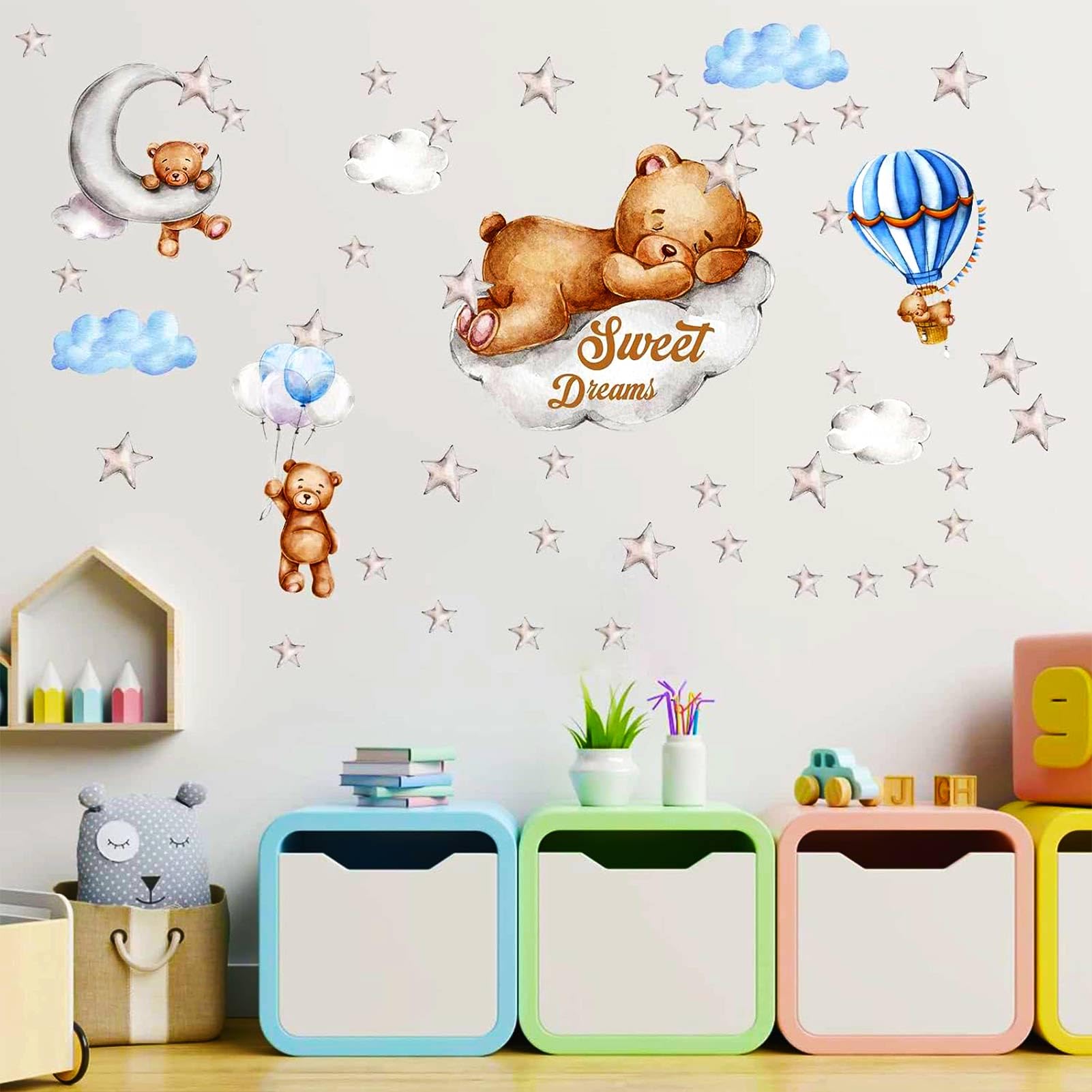 Tedy Bear Sleeping On The Moon And Stars Wall Stickers For Kids Baby Room Decor Sweet Dream Moon Hot Air Star Baby Nursery Decor