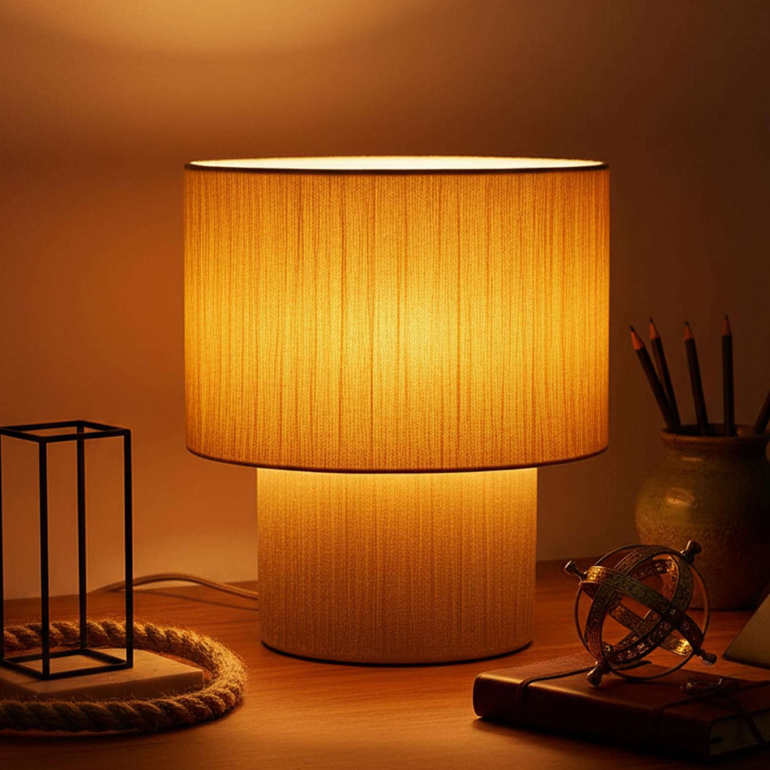 Prettykrafts Rafia & Metal Table Lamp (Bulb Not Included) | Rafia Lampshade With Sturdy Metal Base | Modern Decorative Bedside, 