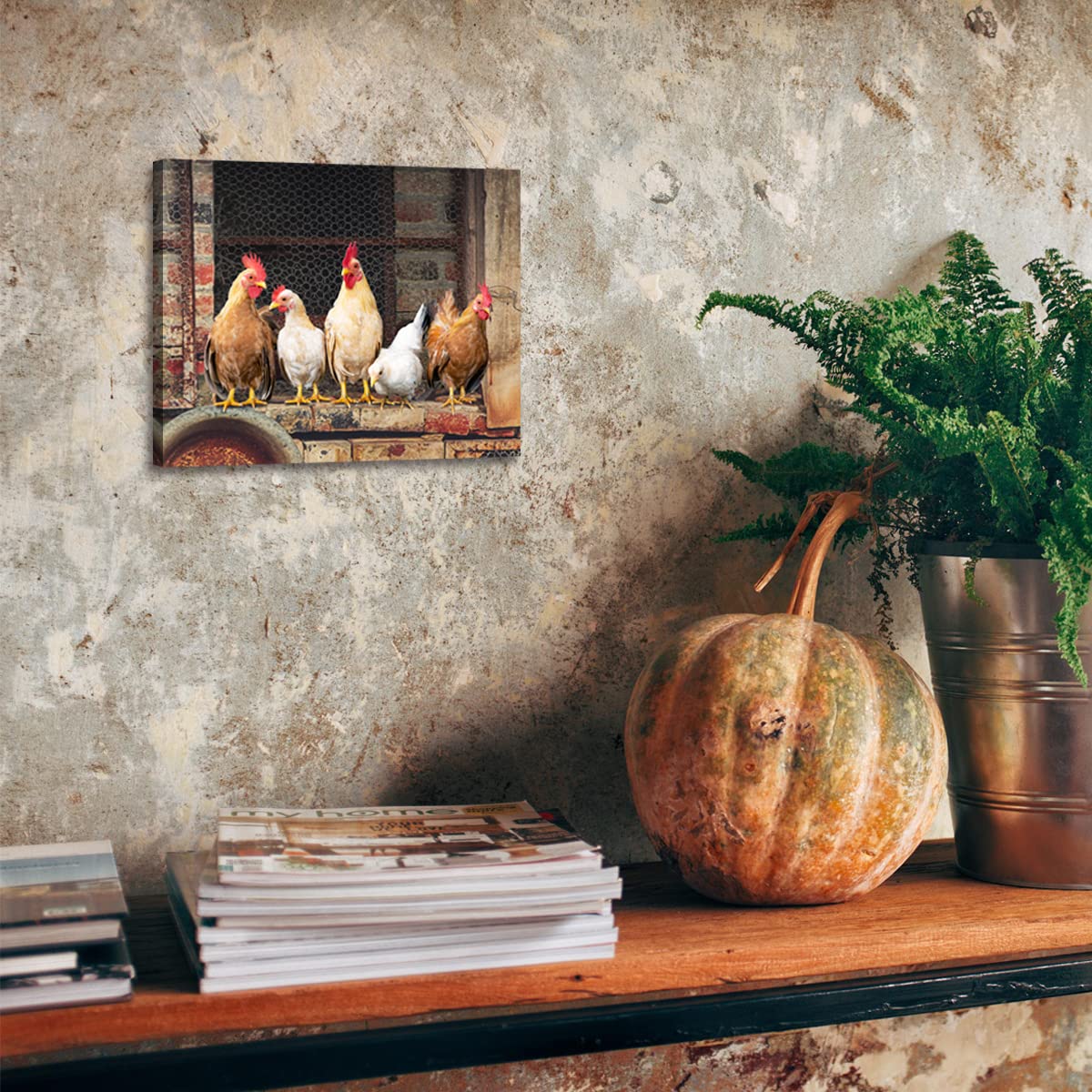 Woxfcart Kitchen Wall Art Chicken Decor - Farm Animal Rooster Pictures On Canvas Prints For Rustic Farmhouse Dining Room Walls D