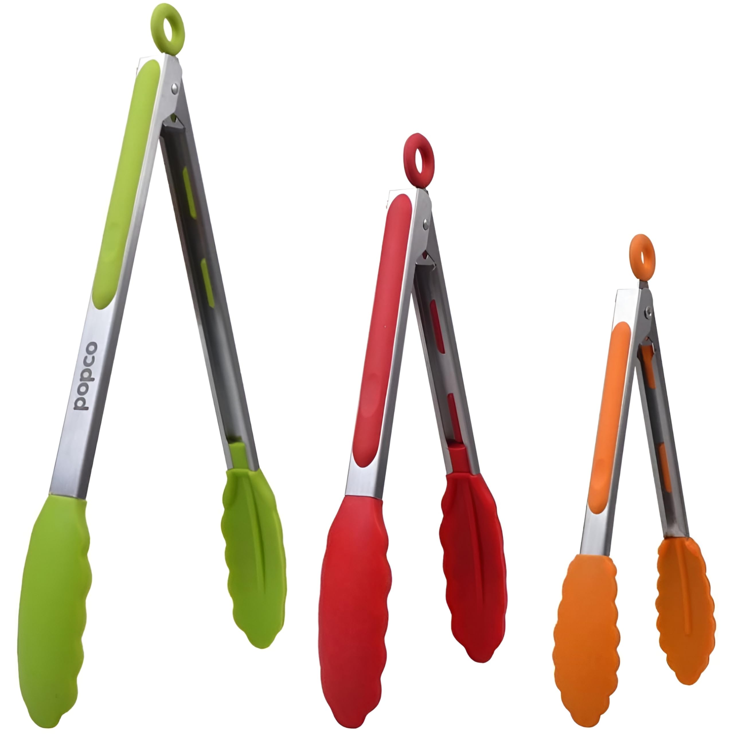 Popco Silicone Tongs for Cooking (3 food tongs x 7/9/12'') Heavy Duty Stainless Steel BBQ Kitchen Tongs for Cooking  Grilling  Cooking Tongs  Kitchen Tongs with Silicone Tips  Salad Tongs  Rubber Tongs