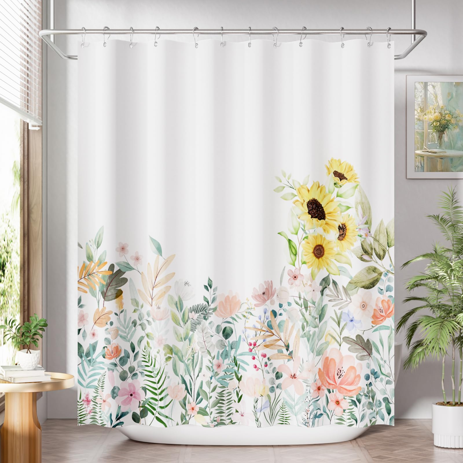 AmazerBath Floral Shower Curtain  Cloth Fall Flower Shower Curtains for Bathroom Decor  Rustic Washable Sunflower Eucalyptus and Leaves Fabric Shower Curtain Sets with 12 Metal Hooks  72x72 Inches