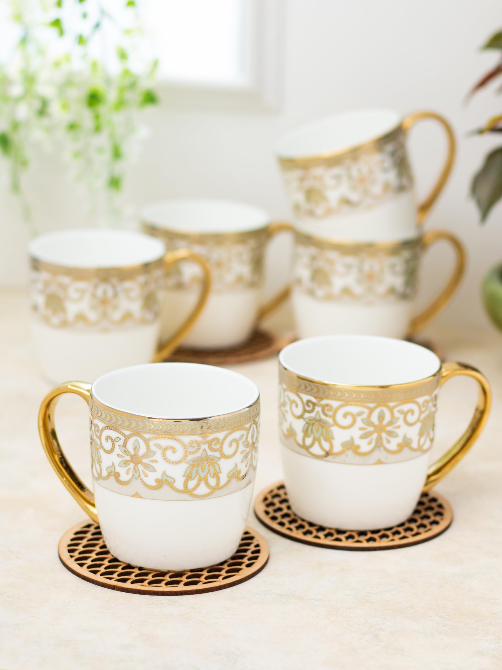 Clay Craft Fine Ceramic Gold Printed Coffee/Tea Cups Set of 6200 ml Each for Home & Gifting, Tea Cup Set of 6, Mugs for Coffee,