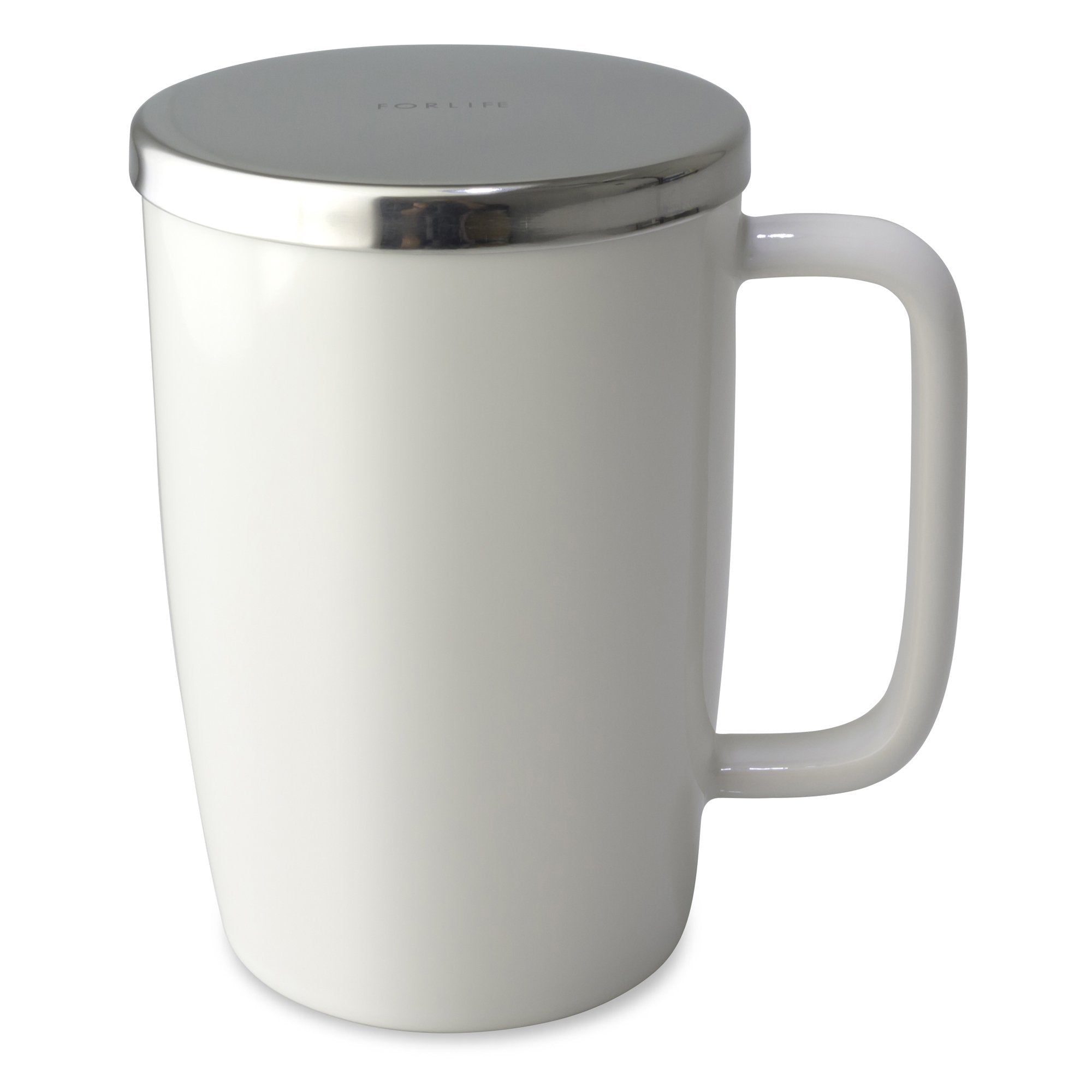 FORLIFE Dew Glossy Finish BrewInMug with Basket Infuser & Mirror Stainless Lid 18 oz., White