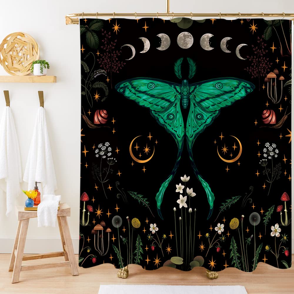 Miyotaa Moth Butterfly Moon Phase Floral Shower Curtain Set 60Wx71H Inches Witchy Gothic Night Moonlit Vintage Botanical Mushroo