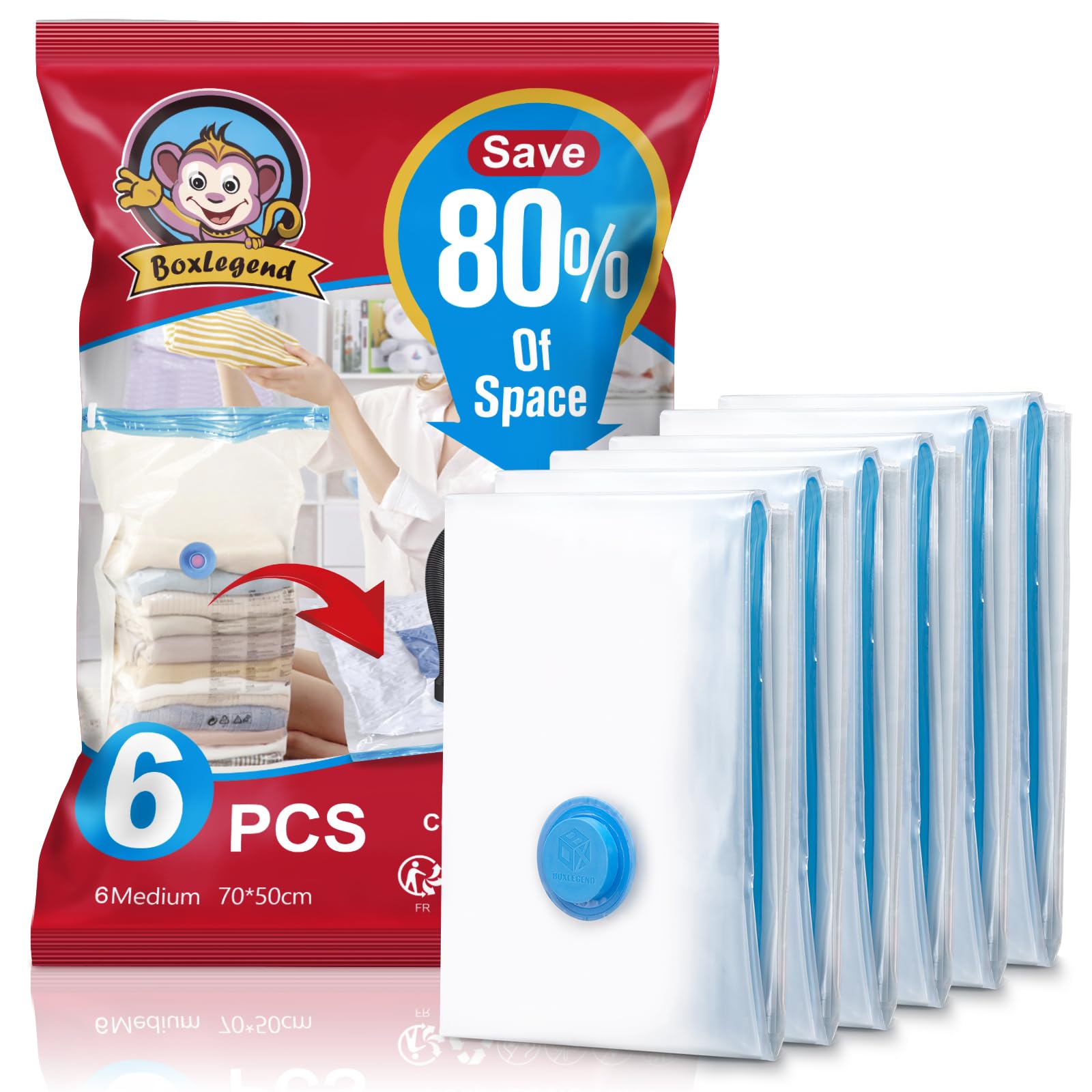 Boxlegend Vacuum Storage Bags 6 Pieces 70 X 50Cm Vacuum Bag Clothes Vacuum Storage Bag Travel Reusable And Durable For Clothes, 