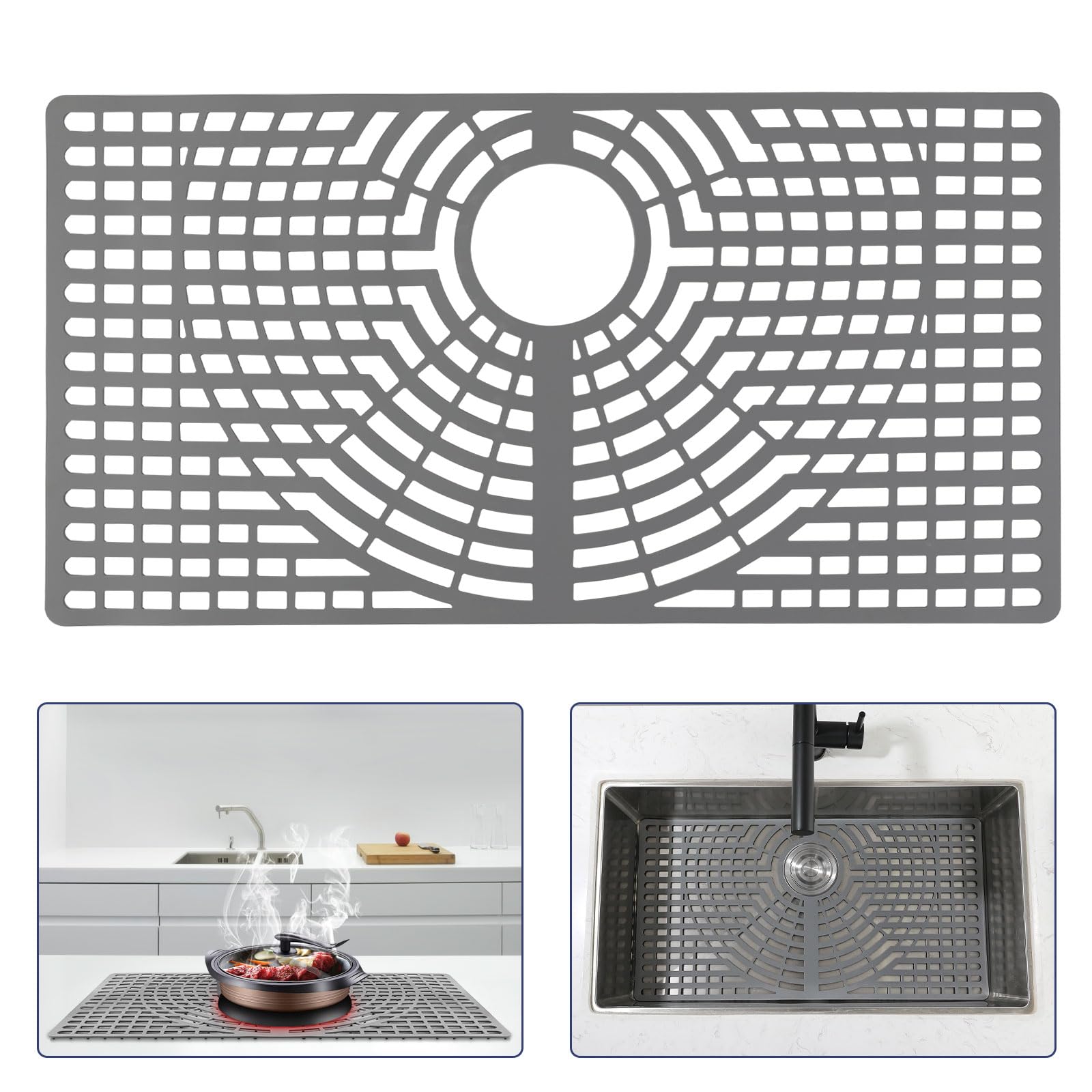 Snuggery Silicone Sink Protector 30x16 Rear Drain Hole, Heat Resistant Non-slip Dishwasher Suitable, Large Sink Mat for Bottom o