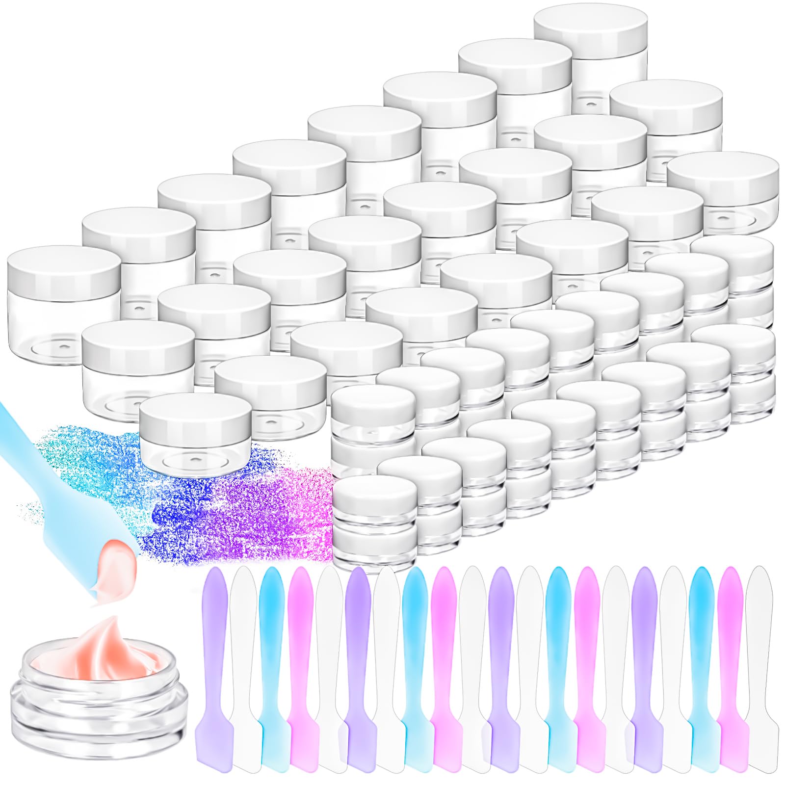 Motbach 60Pcs Makeup Travel Containers With Lids, 3/5/10/15/20 Gram Empty Plastic Containers With Lids, Makeup Sample Containers