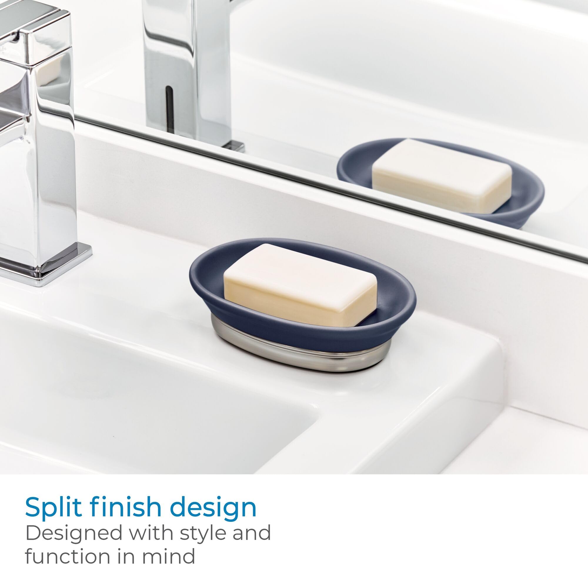 Idesign Ceramic And Steel Bar Holder, The York Collection Soap Dish, Matte Navy/Brushed Nickel
