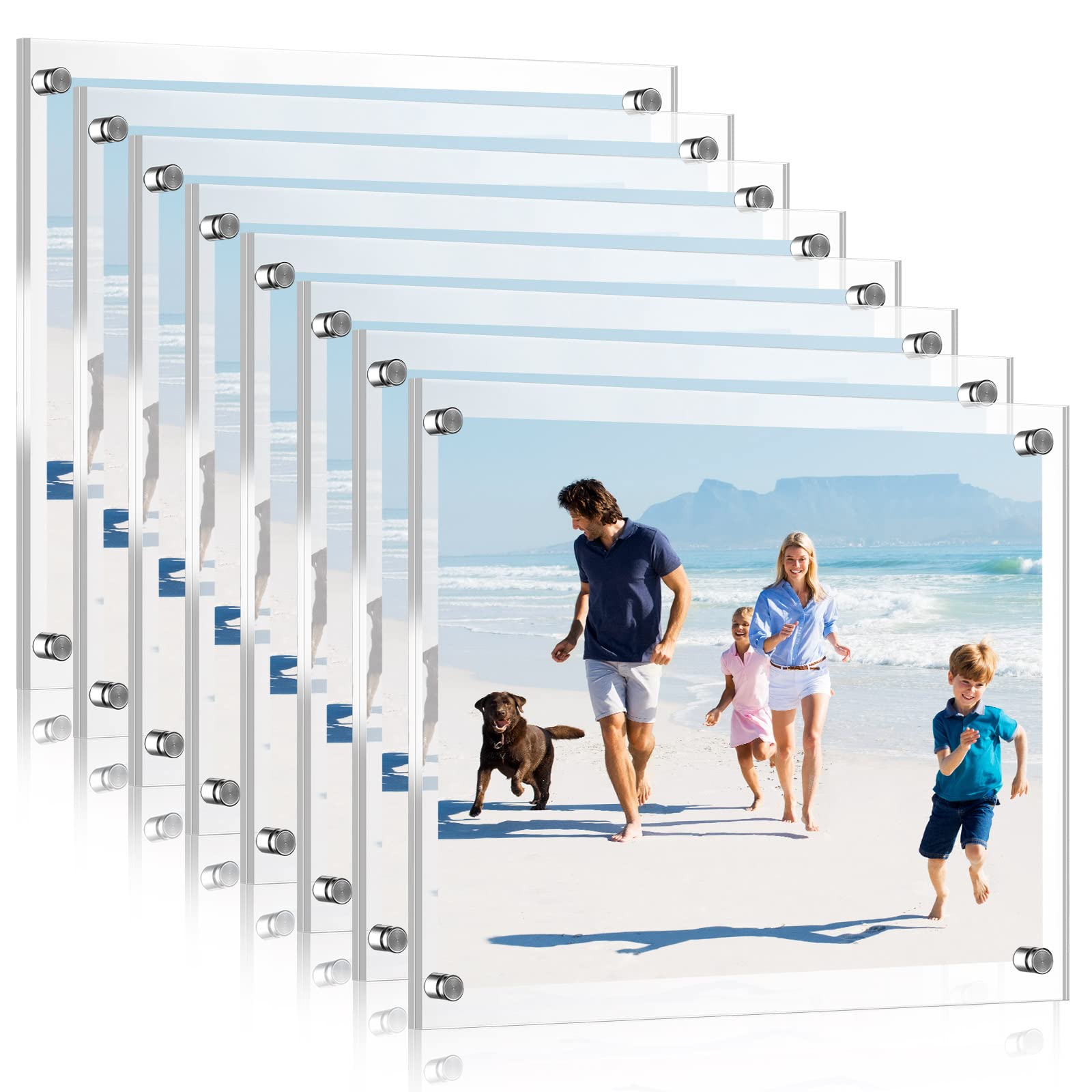 8 Pack Acrylic Floating Picture Frame Wall Mount Frameless Photo Frames Double Panel Clear Picture Frame for Office Home Photogr