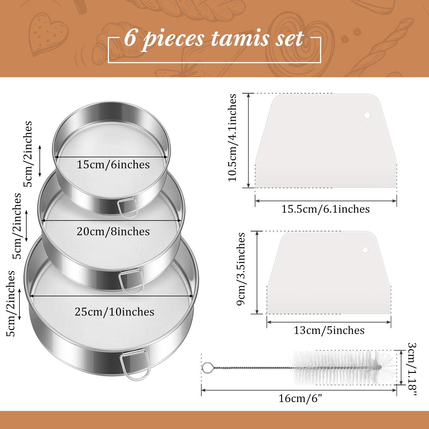 6 Pieces Tamis Flour Sieve Set 6 Inch 8 Inch 10 Inch Flour Sieve 60 Mesh Stainless Steel Round Sifter For Baking With Dough Scra