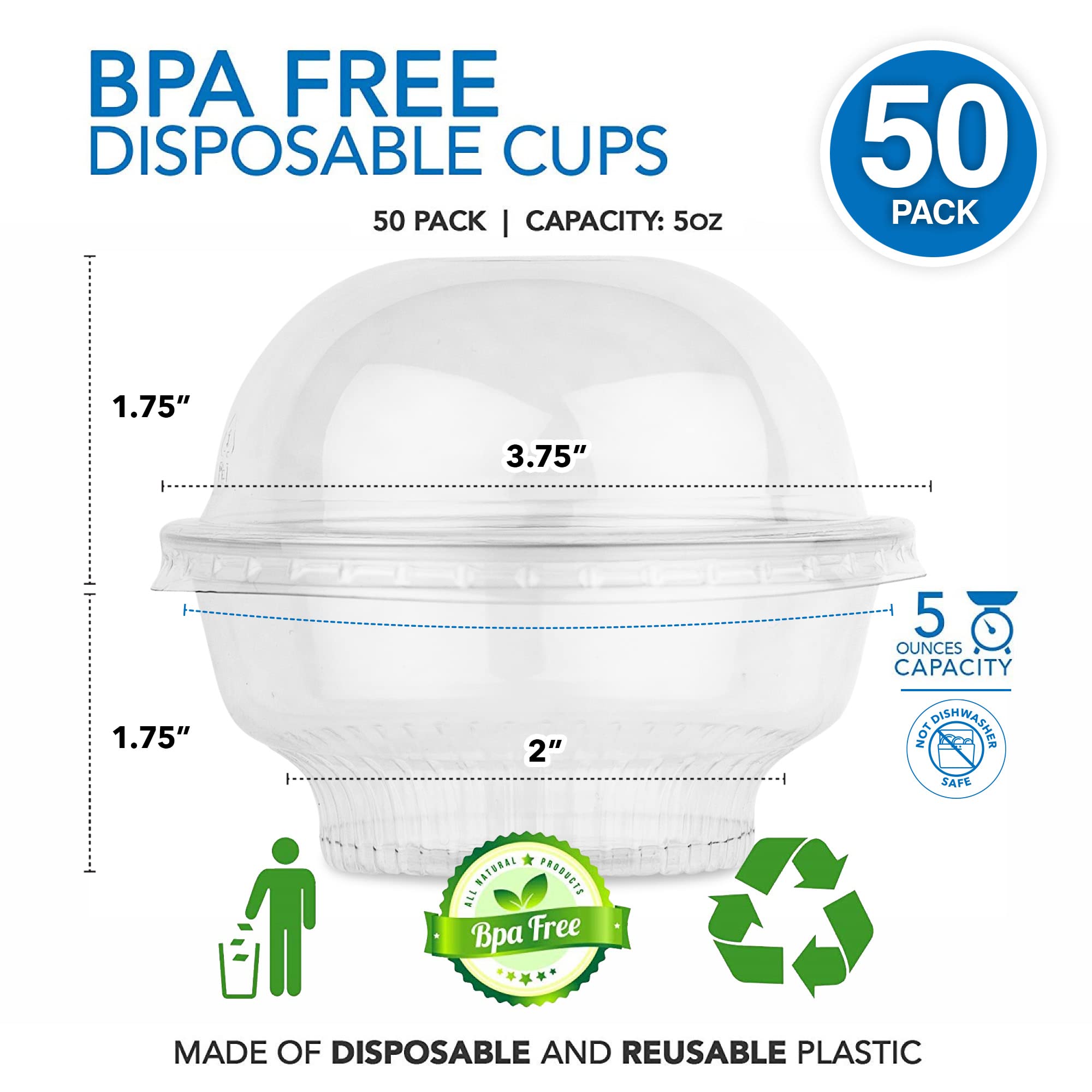 Mini Clear Plastic Dessert Cups With Lids 5 Oz (Set Of 50) Small Disposable Parfait Cup, Dome Lid - No Hole, 5-Ounce Party Fruit