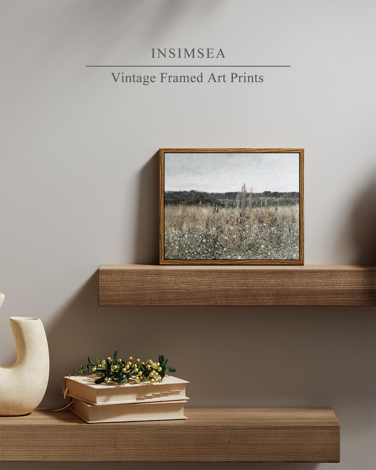Insimsea Framed Canvas Wall Art Vintage Decor, Meadow With Flowers Painting Wall Art Prints, Landscape Wall Art For Living Room