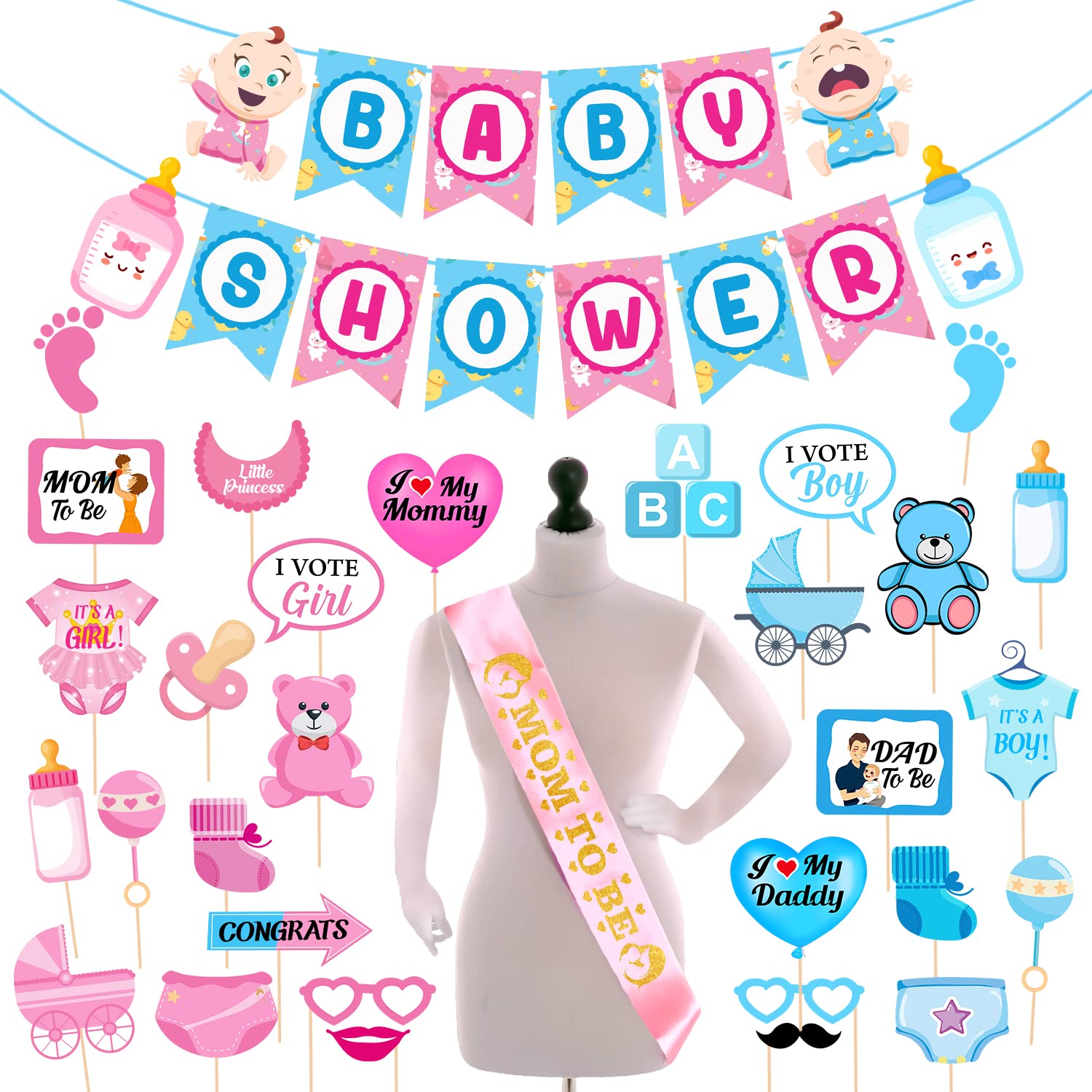 Zyozique Babyy Showerr Decorations,Babyy Showerr Party Supplies Included Babyy Showerr Letter Paper Banner, Sash and Photo Booth