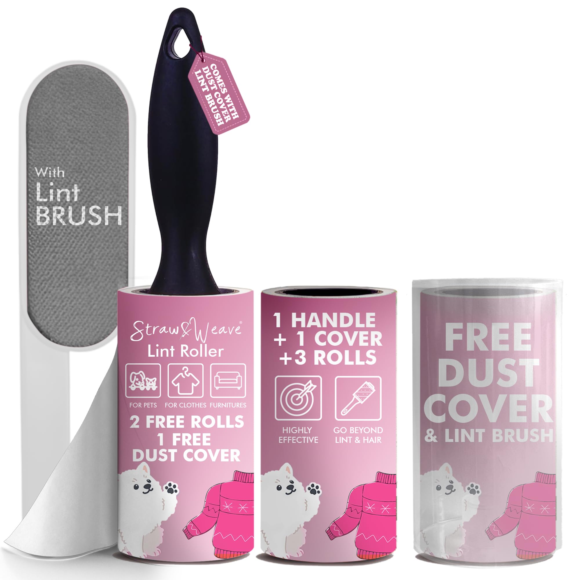 Lint Roller For Clothes With Brush | Pet Hair Roller | 1 Steel Wool Brush, 1 Handle, 180 Sheets With Dust Cover | Lint Remover F