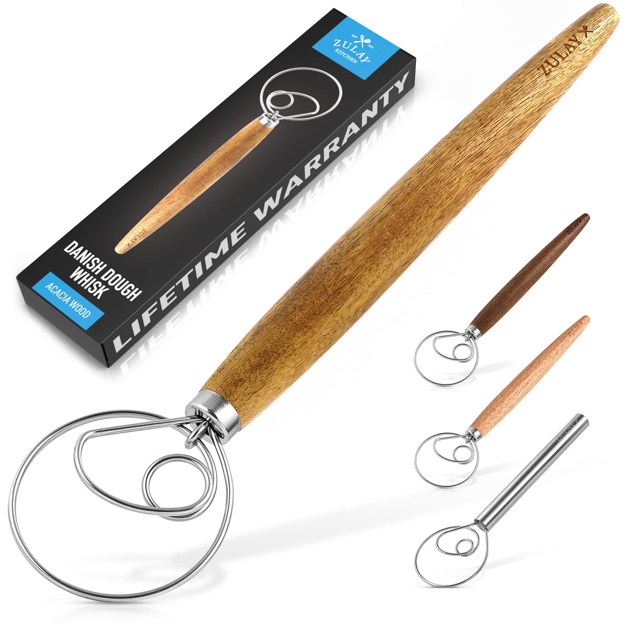 Zulay Kitchen 13 Inch Danish Dough Whisk - Large Wooden Danish Whisk For Dough With Stainless Steel Ring - Traditional Dutch Whi