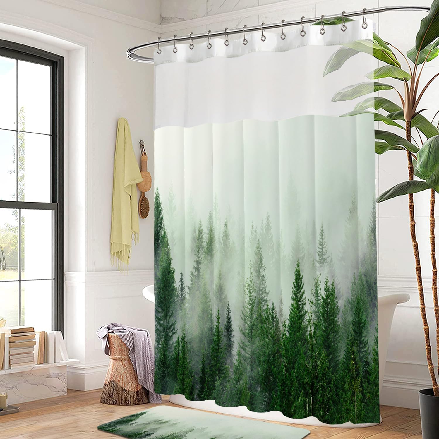 Ortigia Double Misty Forest Shower Curtain Set With Snap In Liner For Bathroom, Green Nature Shower Curtains With See Through To