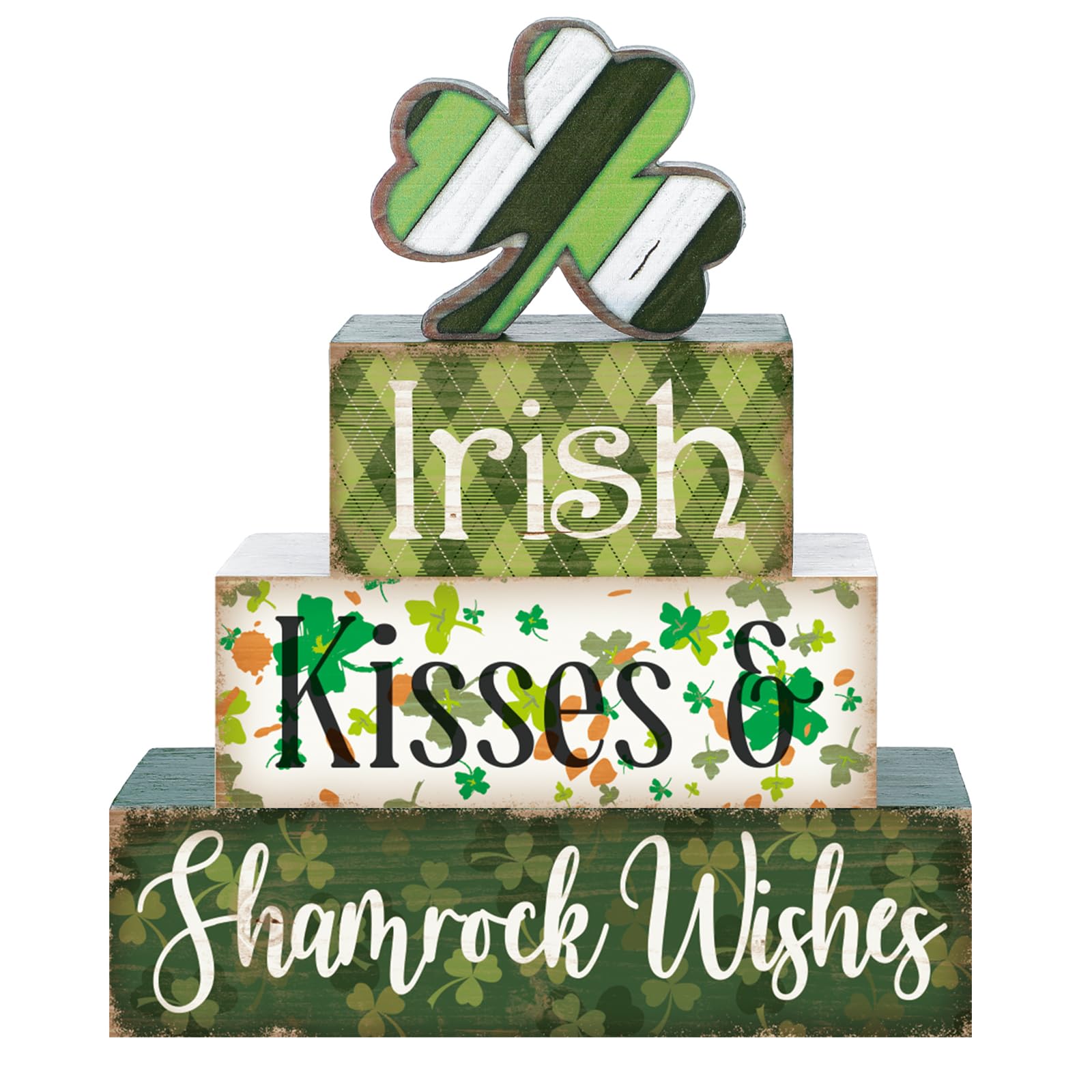 Huquary 4 Pcs St Patricks Day Table Decorations Shamrocks St. Patricks Day Tiered Tray Decor Irish Clover Blocks Lucky Print fo