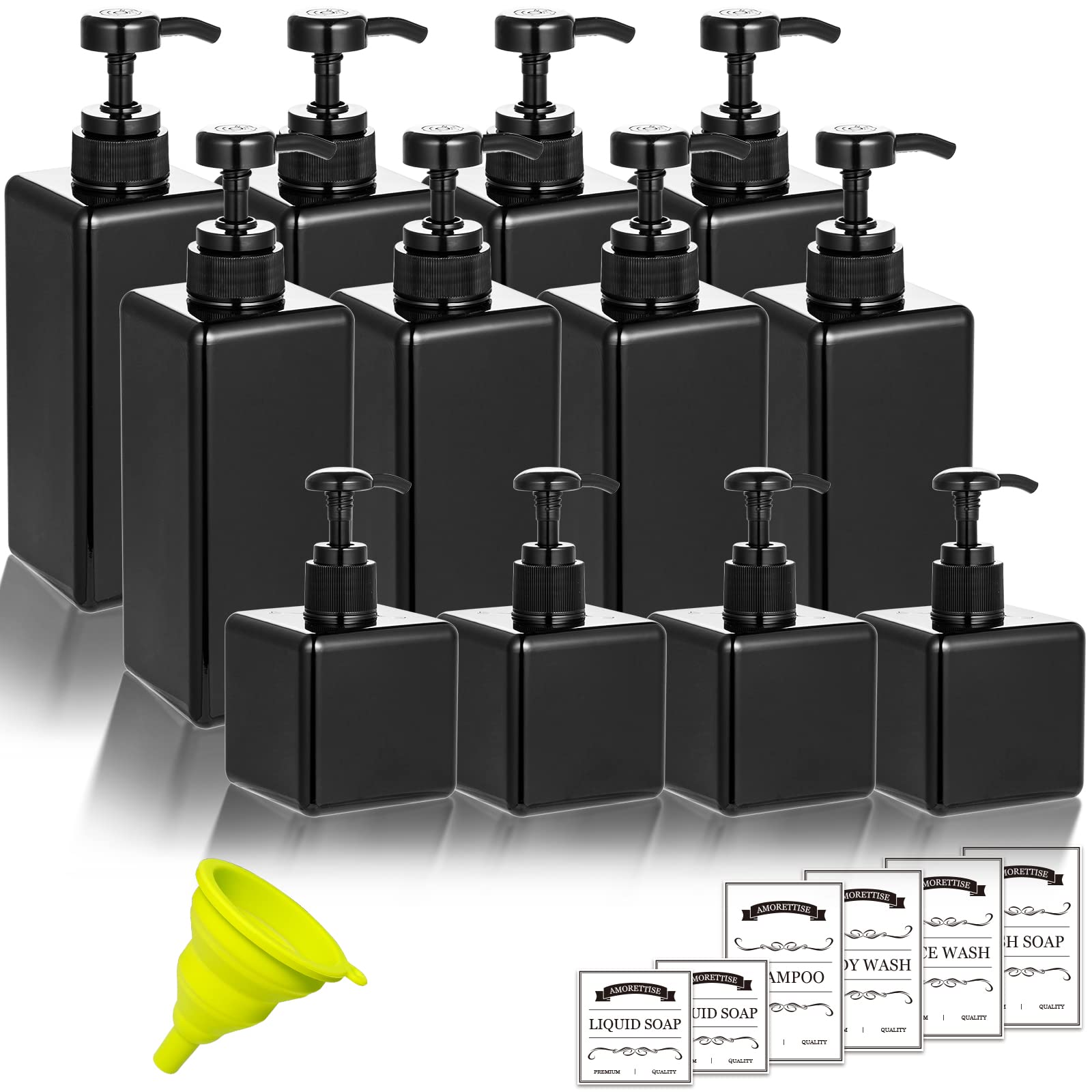 Amorettise 12 Pack Shampoo And Conditioner Dispenser Bottles, 8 Pack 22 Oz And 4 Pack 8 Oz Refillable Square Plastic Pump Bottle