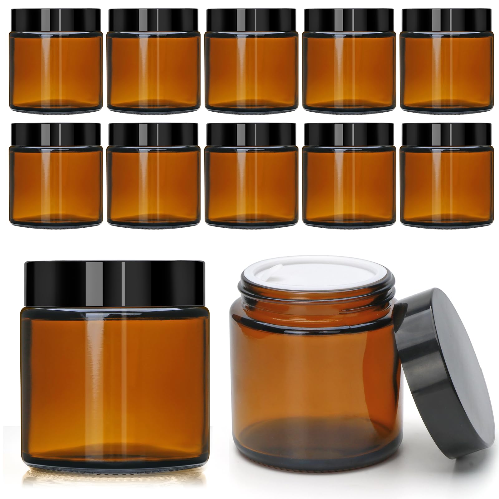 4Oz Glass Amber Cosmetic Jars With Black Lids,12 Pack Empty Small Glass Jars With Inner Liners, Round Sample Container For Cream