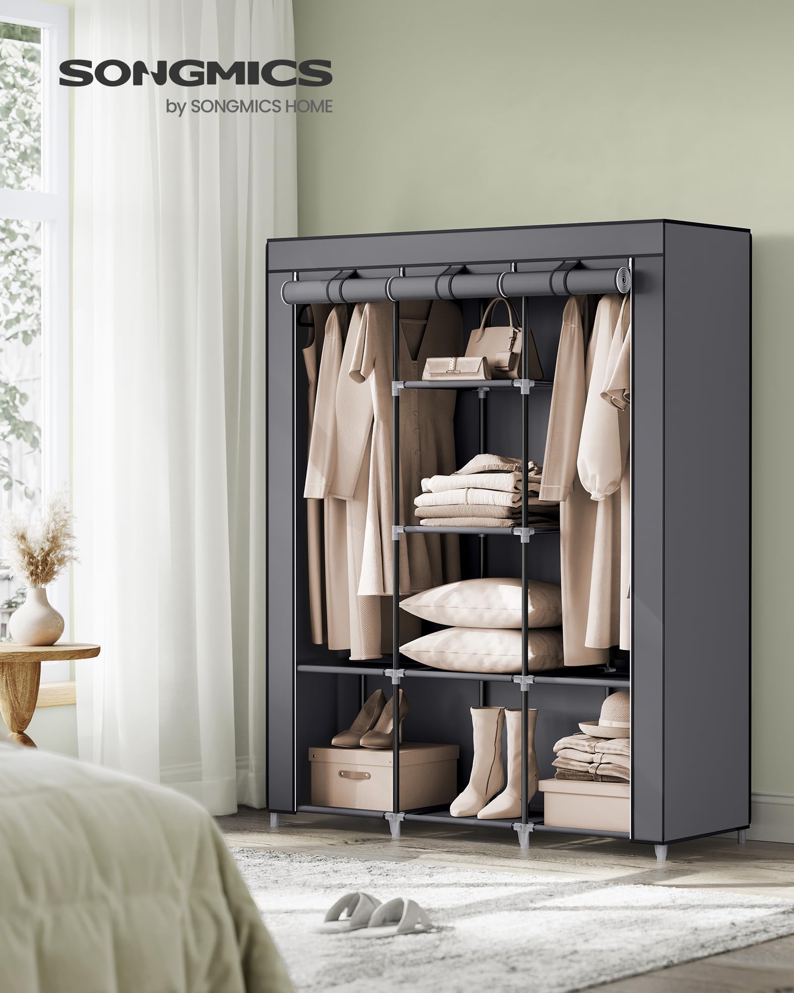 Songmics Portable Closet, 51.2 Inch Large Capacity Wardrobe Closet Organizer With Fabric Cover, Hanging Rods And Shelves, 51.2 X