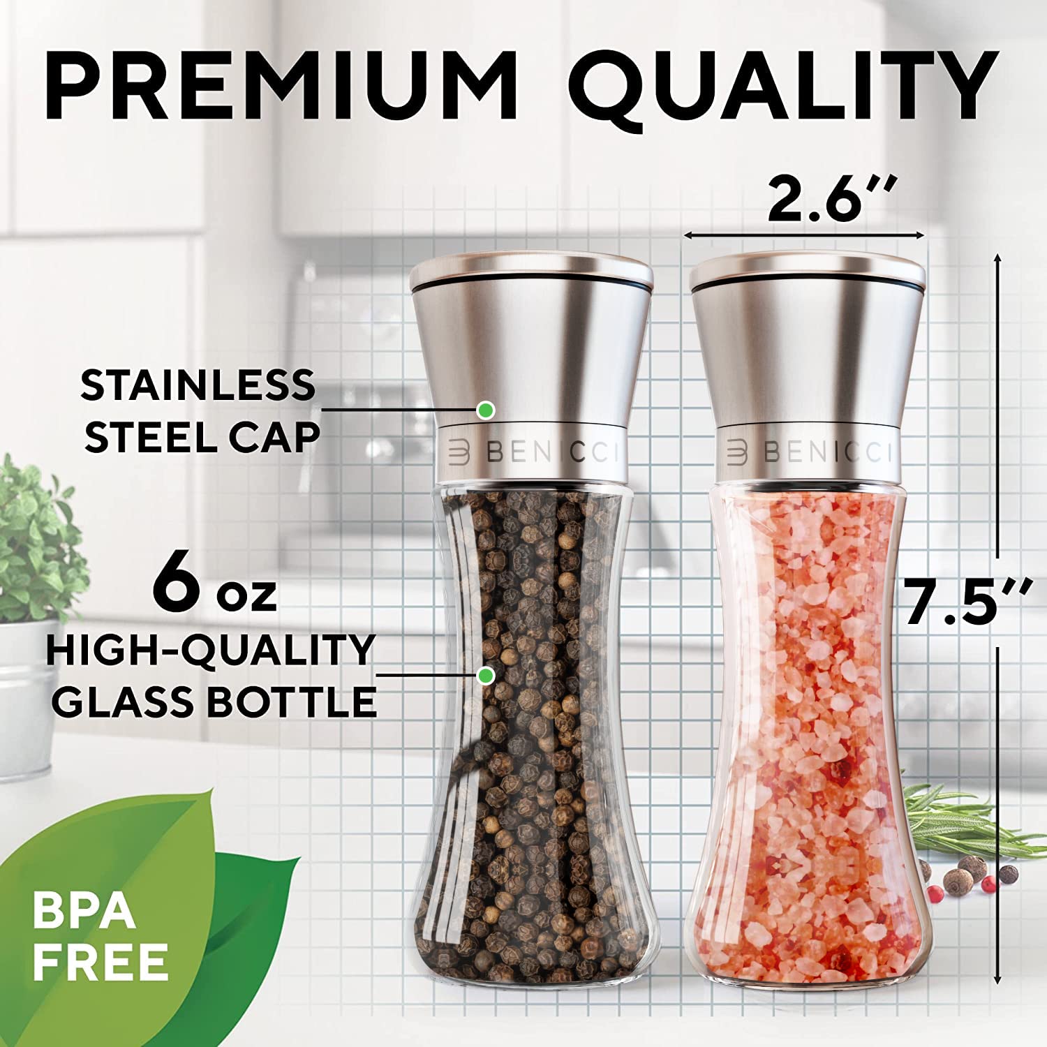 Premium Salt And Pepper Grinder Set Of 2 - Two Refillable, Stainless Steel Sea & Spice Shakers With Adjustable Coarse Mills Easy