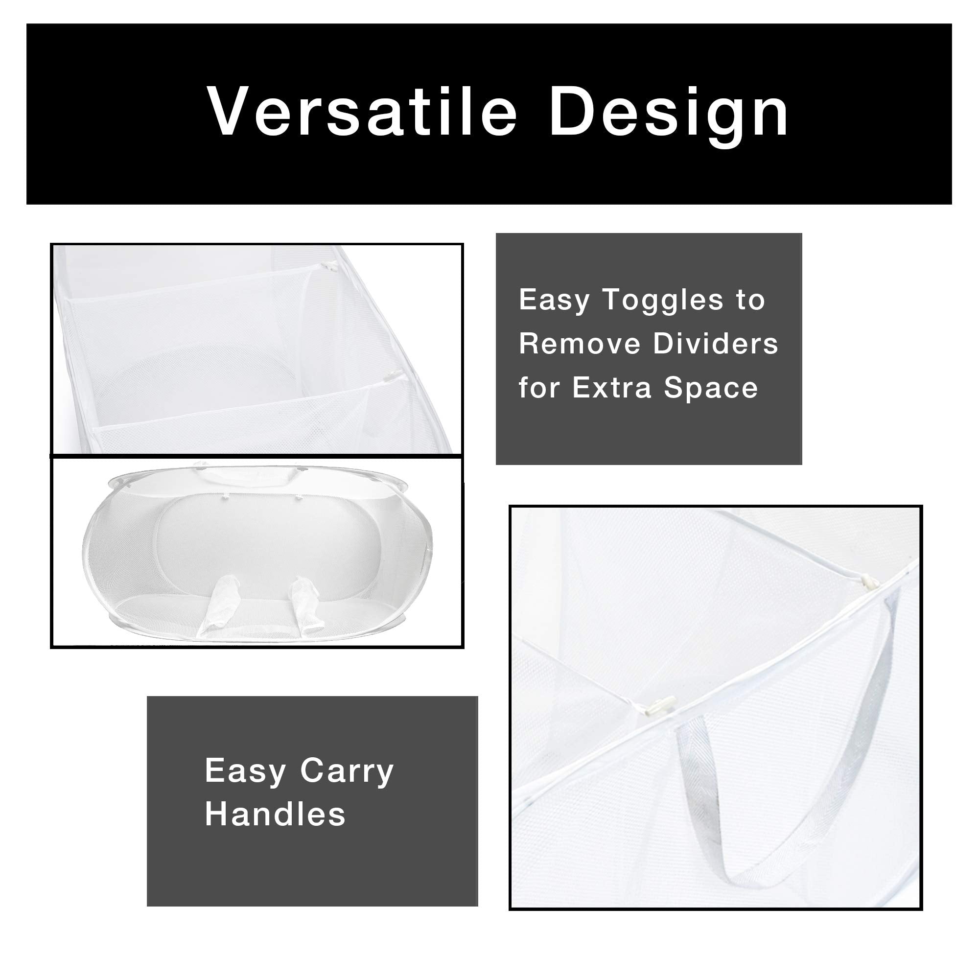 Smart Design Deluxe Mesh Pop Up 3 Compartment Laundry Sorter Hamper Basket - Ventilair Fabric Collapsible Design - For Clothes &