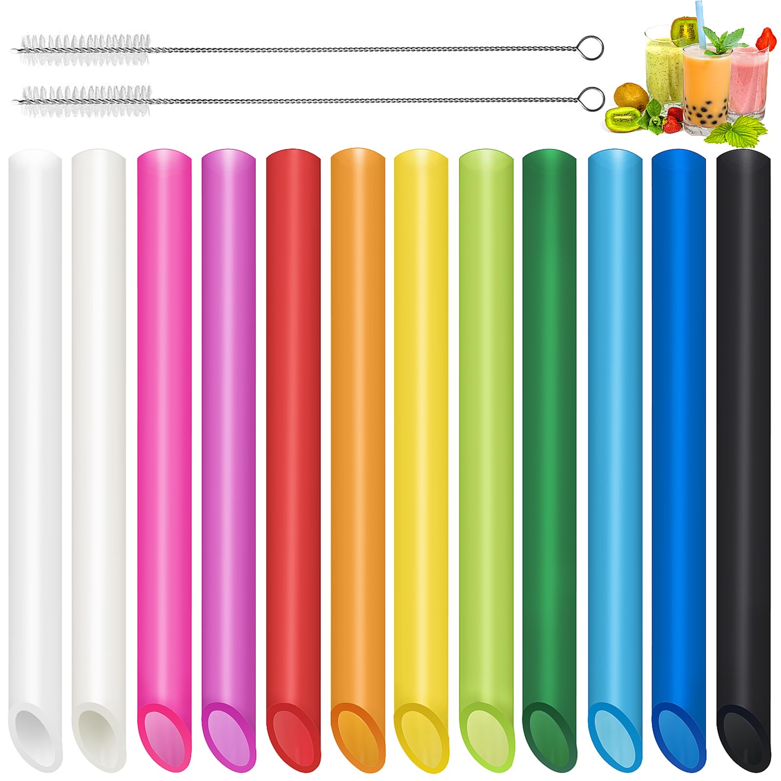 12 Pcs Reusable Boba Straws - Bpa-Free Wide Reusable Plastic Straws For Smoothies, Boba(Tapioca, Boba Pearls) & Shakes With 2 Br