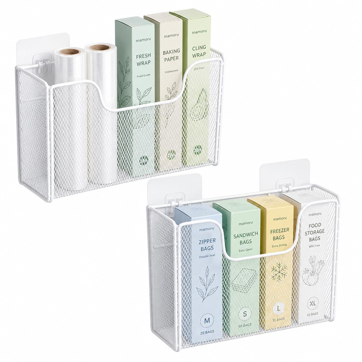 Duimbok 2 Pack Kitchen Wrap & Food Bag Organizer, Wall Mounted Cabinet Door Storage Rack for Aluminum Foil, Plastic Wrap, Wax Pa