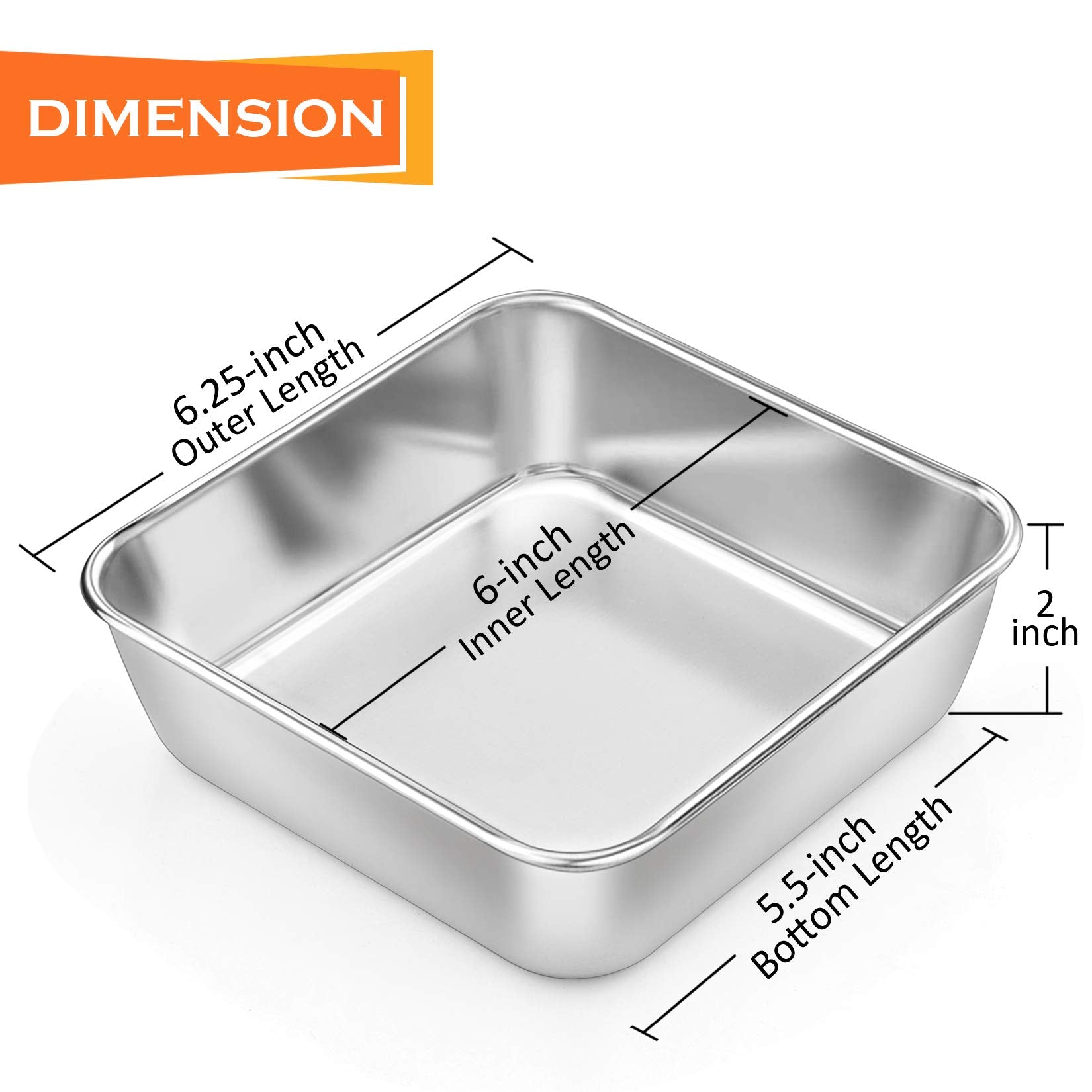 P&P Chef 6 Inch Square Cake Baking Pans (2 Pcs), Stainless Steel Lasagna Brownie Pan For Small Birthday Cake Bread Pie, Leakproo