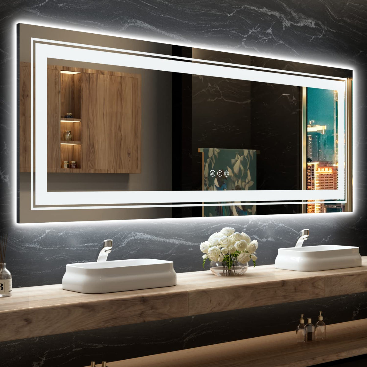 Snowdool 84X32 Led Bathroom Mirror With Lights, Front And Backlit Mirror Bathroom, Stepless Dimmable, Anti-Fog Led Mirror, Light