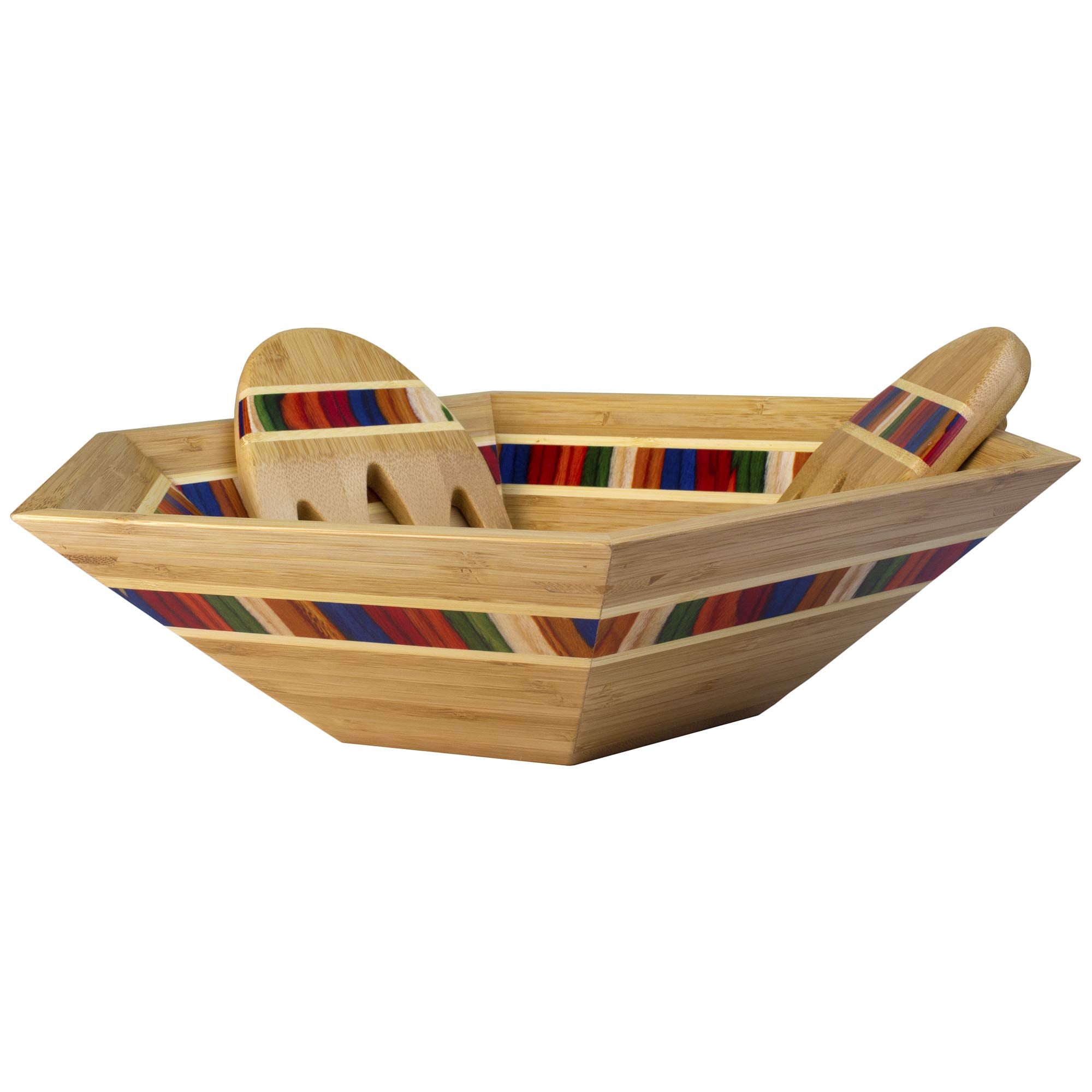 Totally Bamboo 14" Marrakesh Salad Serving Bowl with Salad Hands, Birch Wood, Large, Model 20-9571
