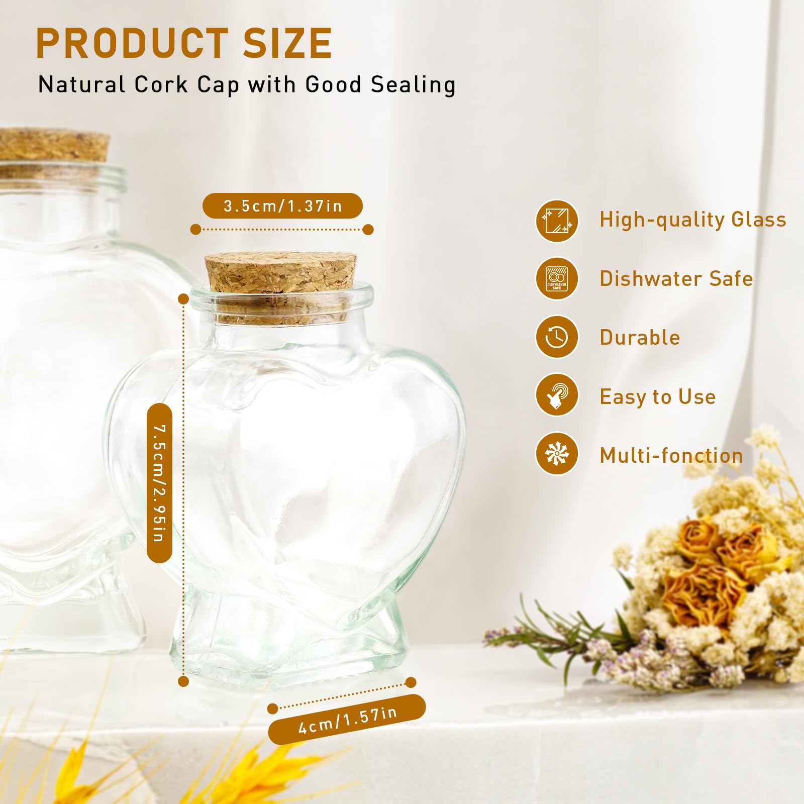 FJNATINH Heart Glass Bottle With Cork Stopper, 50ml Small Decorative Jars for Home Decor DIY Art Crafts, Mini Cute Message Wish