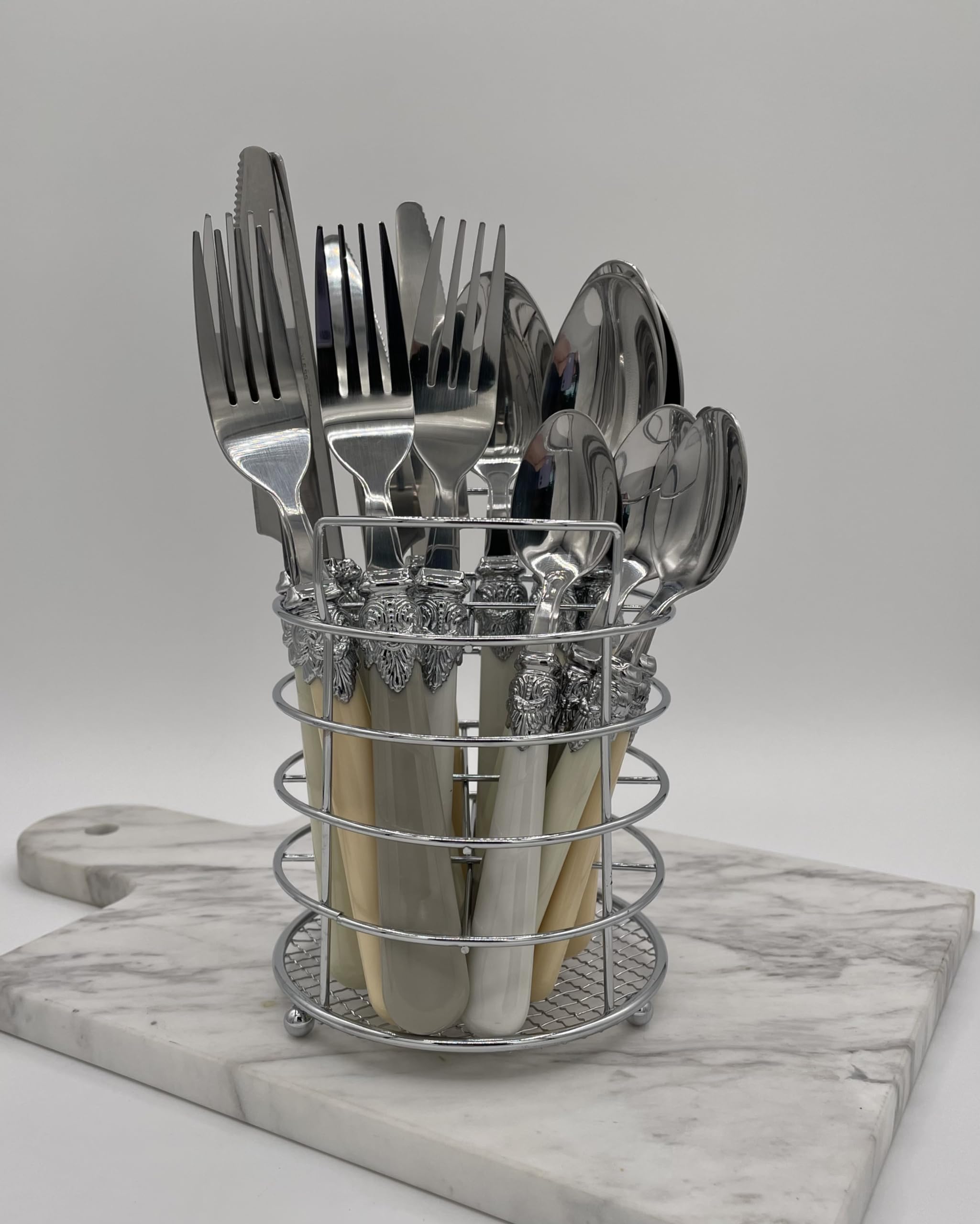 The Original Brink House Baroque Bone Mix & Match Stainless Steel Cutlery Set With Assorted Handles / 16 Pieces With Metal Stand