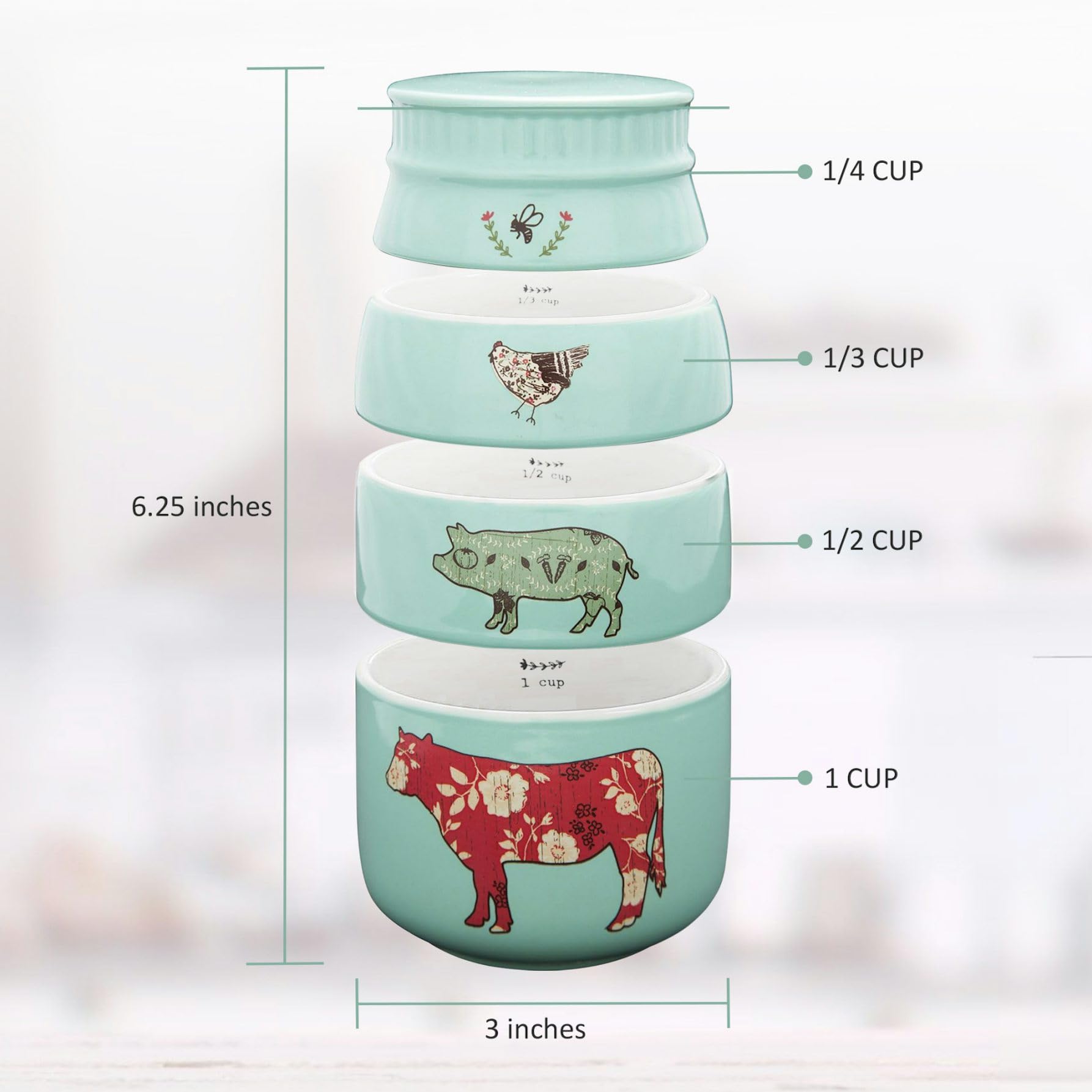 Pavilion Gift Company - 'Live Simply Bee, Chicken, Pig, And Cow' - 4-Piece Stoneware Measuring Cups Set, Sturdy Farmhouse-Style