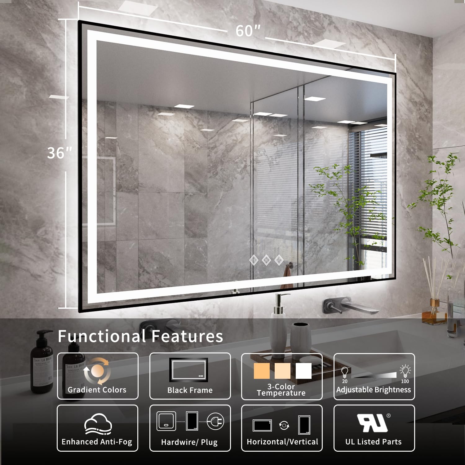 Vanpokins Led Mirror, 60X36 Inch Black Framed Gradient Front And Backlit Bathroom Mirror Black Frame, 3 Colors Dimmable Cri>90,