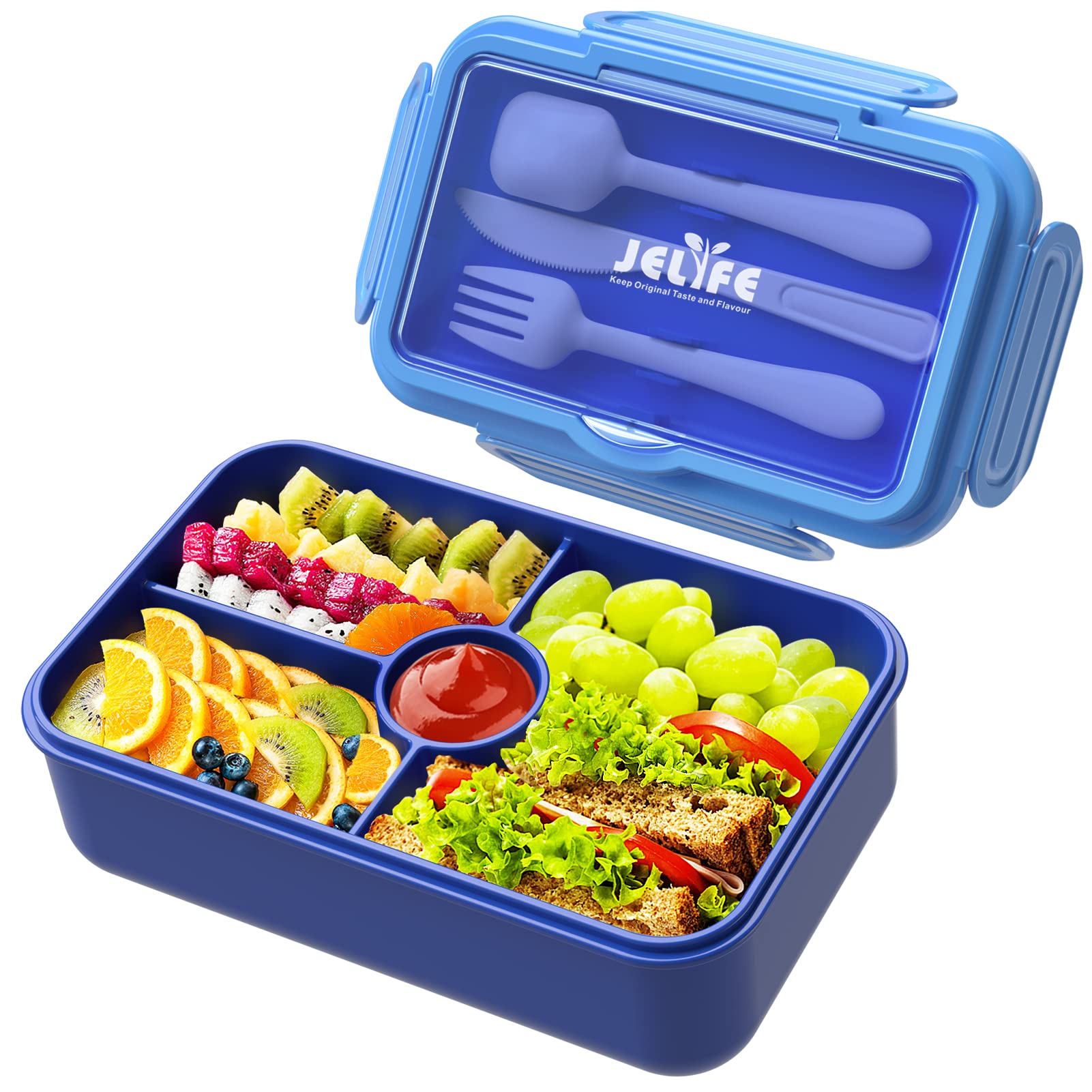 Jelife Bento Lunch Box For Kids - Leakproof Large Bento-Style With 4 Compartments Portions Lunchbox With Tableware Back To Schoo