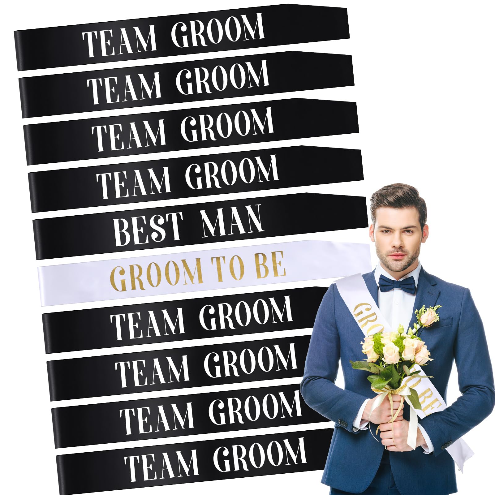 Shyyween 10 Pcs Bachelorette Sashes Set for Groomsmen Groom Wedding Party Sash Bundle Black Team Groom Sashes for Bachelor Brida