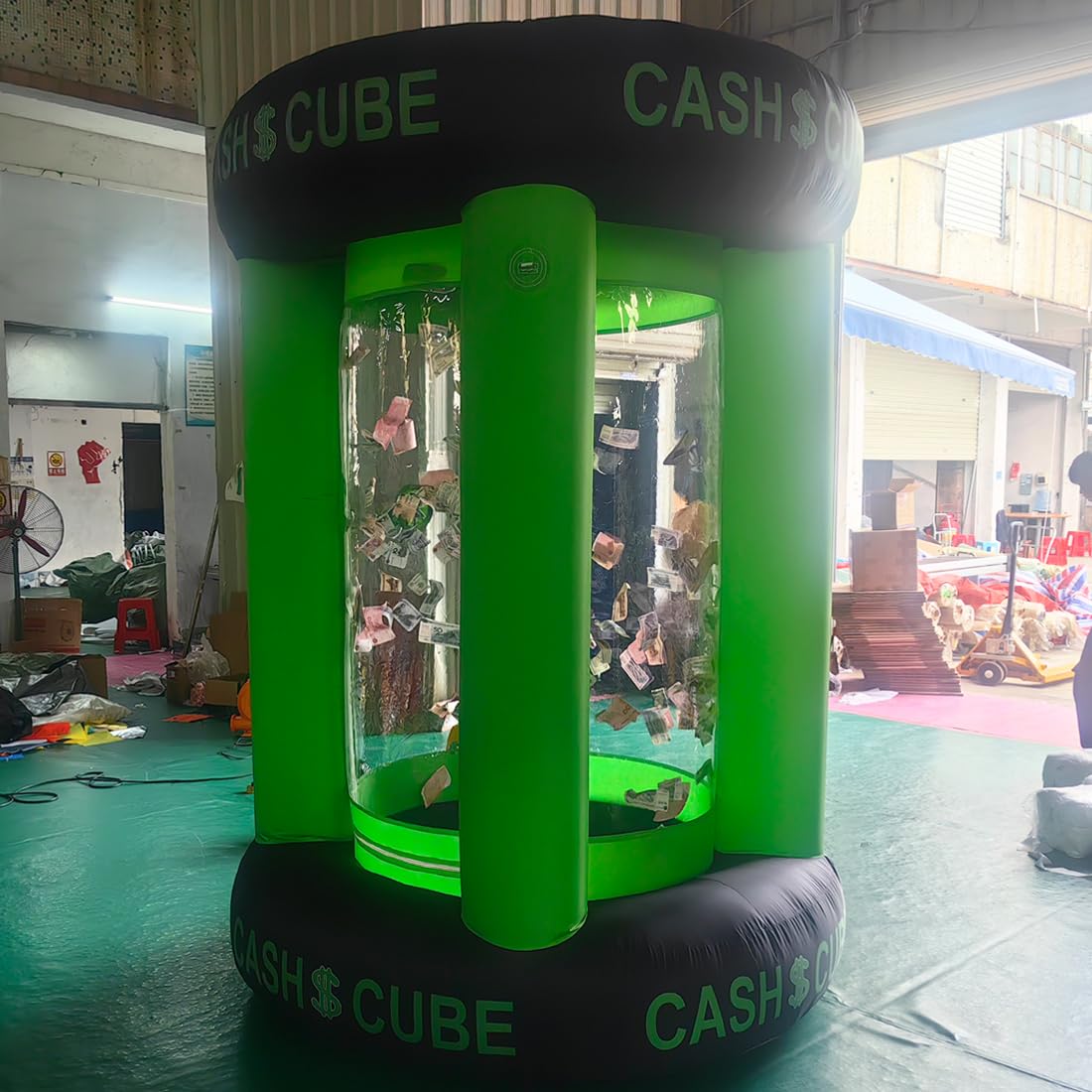 Green Inflatable Cash Cube Booth Inflatable Cube Cash Grab Machine Fast Money Booth Money Grab Machine with 2 Blowers for Promot