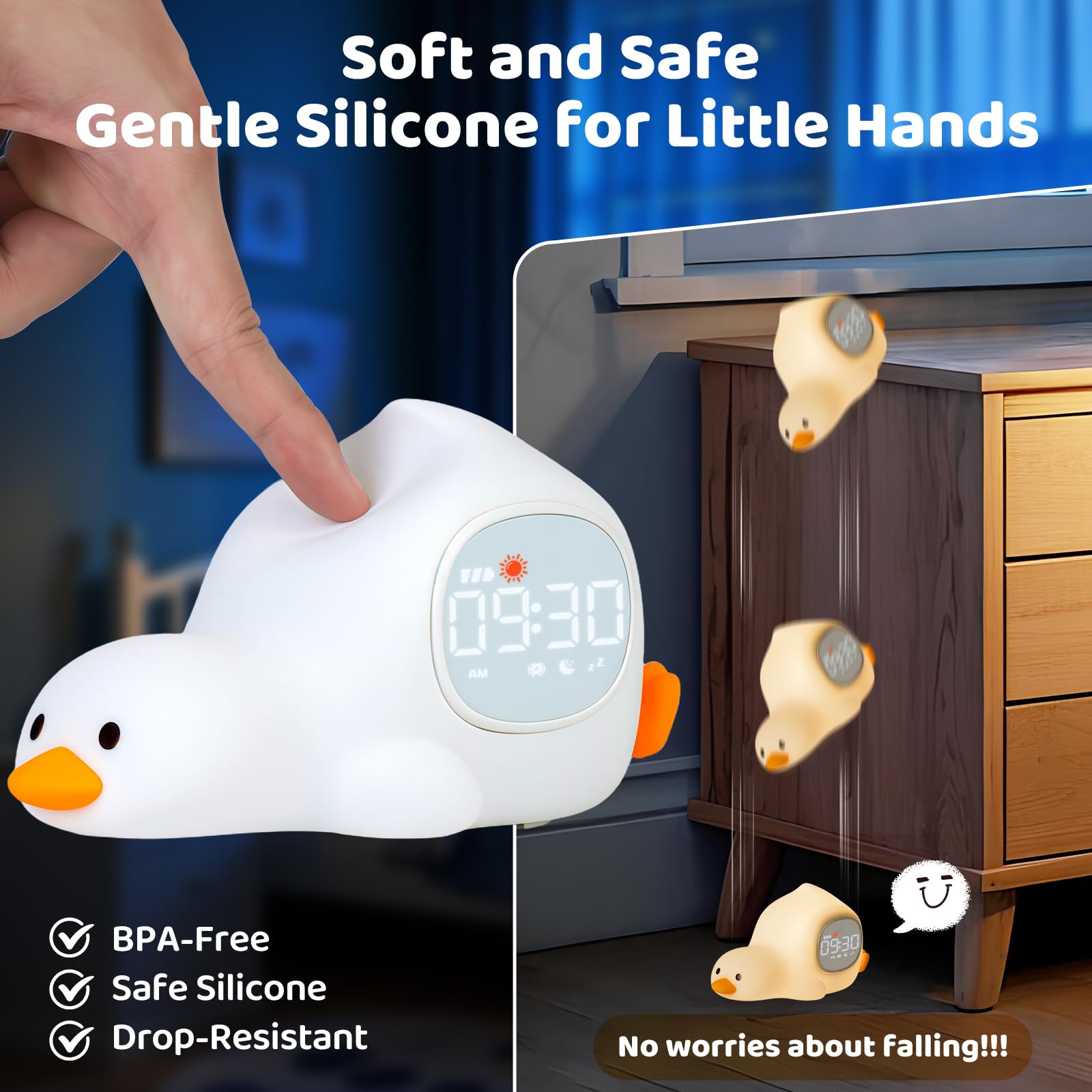 Aokpsrt Laying Duck Alarm Clock with Night Light, Sleep Training Sound Machine, Rechargeable Silicone Lamp, White